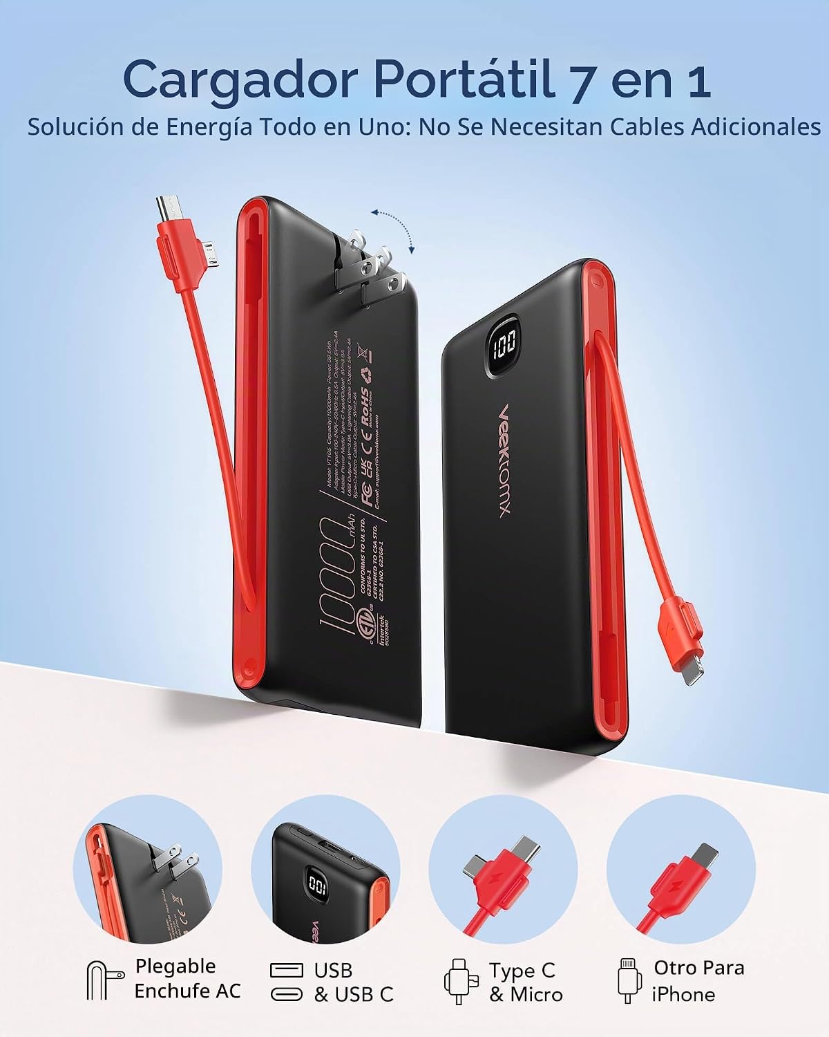 VEEKTOMX Cargador portátil con cables incorporados y enchufe de par...
