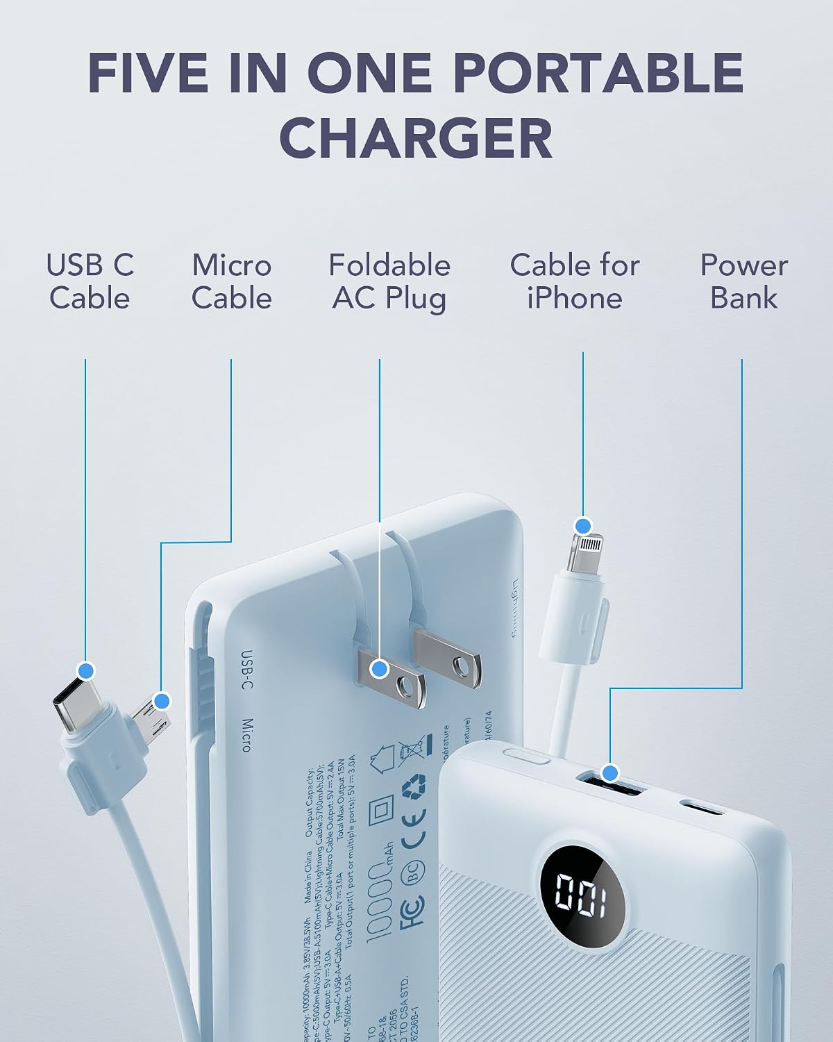 Cargador portátil VRURC, cables incorporados del banco de energía y...