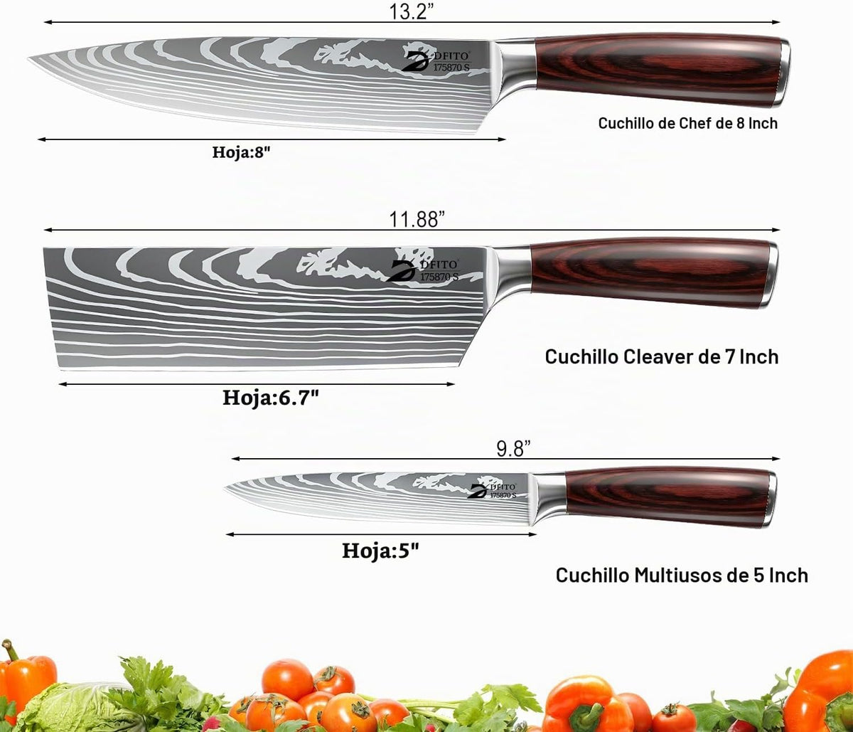 Dfito Juego de cuchillos de cocina, 3 piezas de acero inoxidable de...