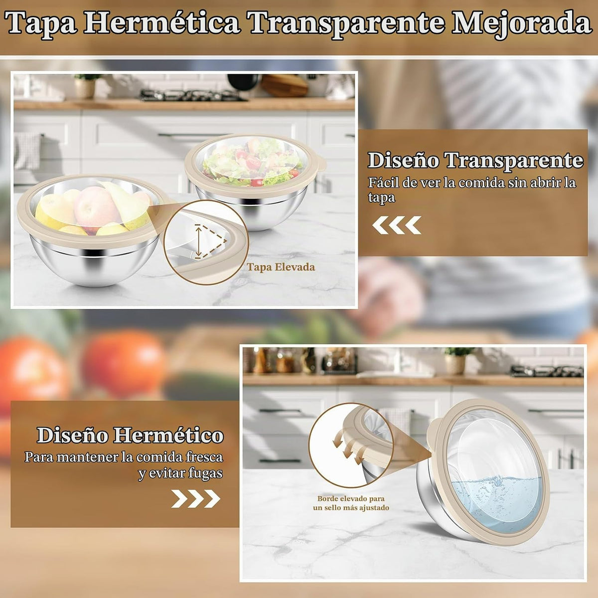 P&amp;P CHEF - Juego de tazones de metal con tapas, tapas hermética...