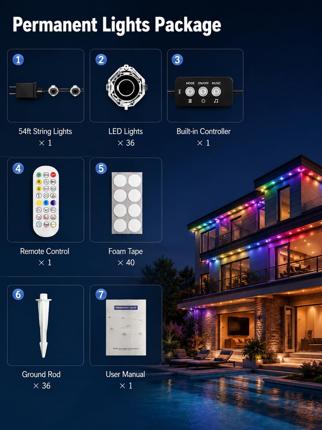 AurNyvaMay RGB luces exteriores permanentes para casa (24 V, 54 pie...