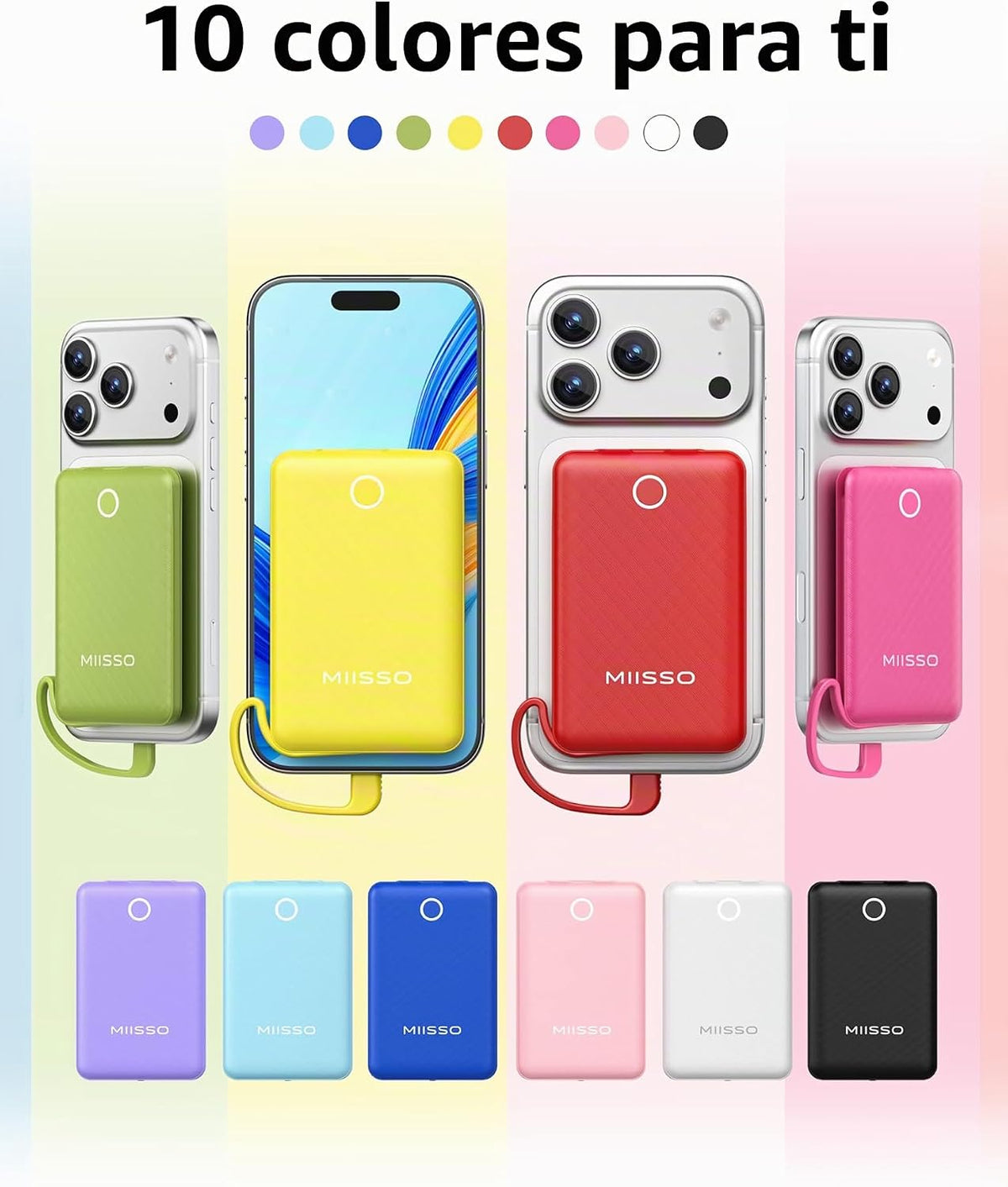 miisso 10000mAh Mini cargador portátil con cable incorporado, rosa...