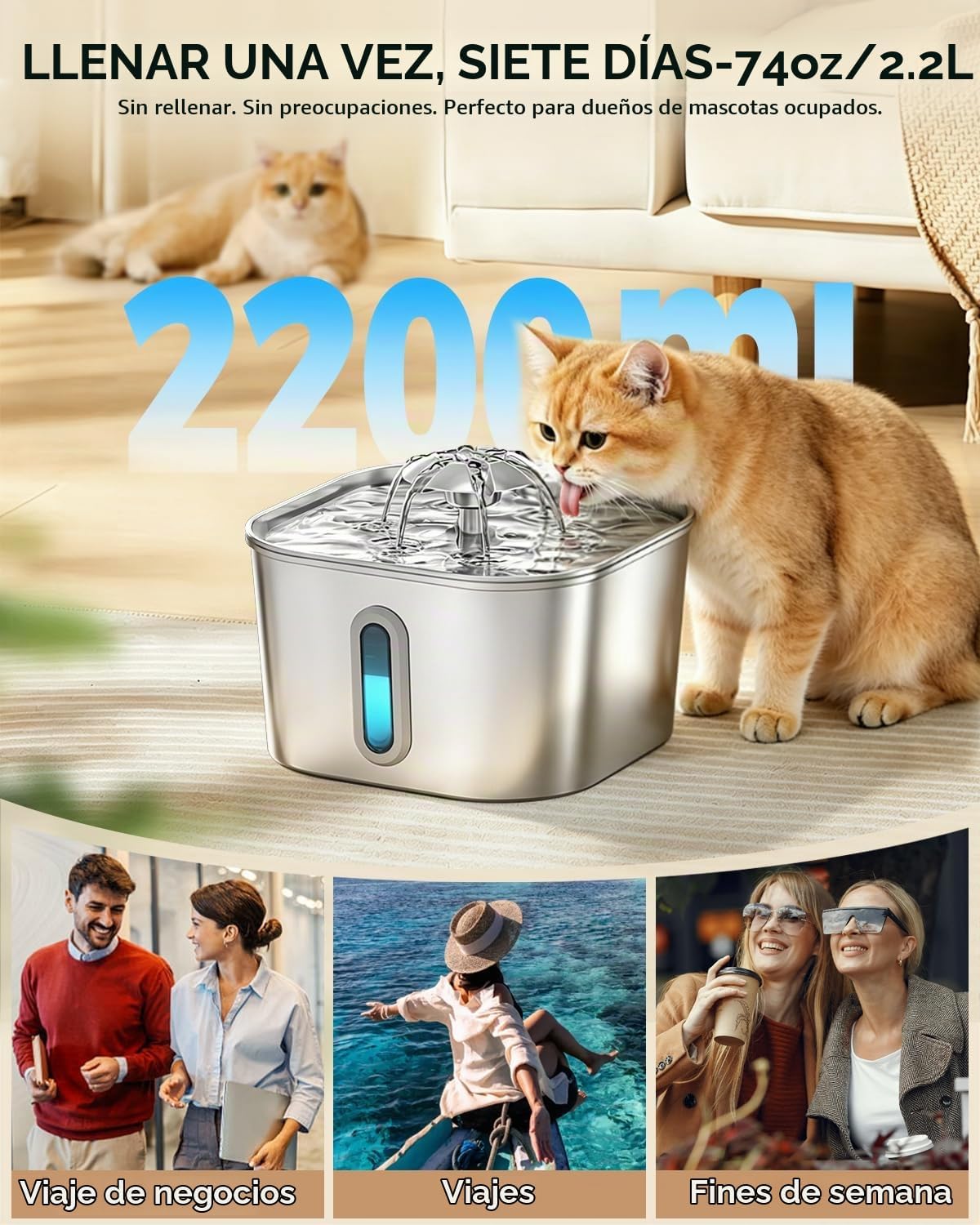 Fuente de agua para gatos de acero inoxidable de 74 oz\/2,2 L con 6...