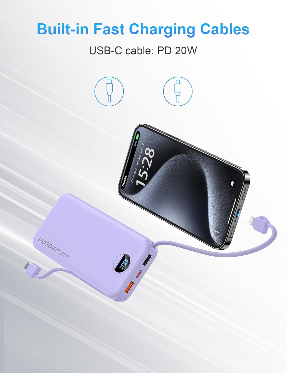 Cargador portátil Ffnpua Power Bank 10000mAh PD20W con cables incor...