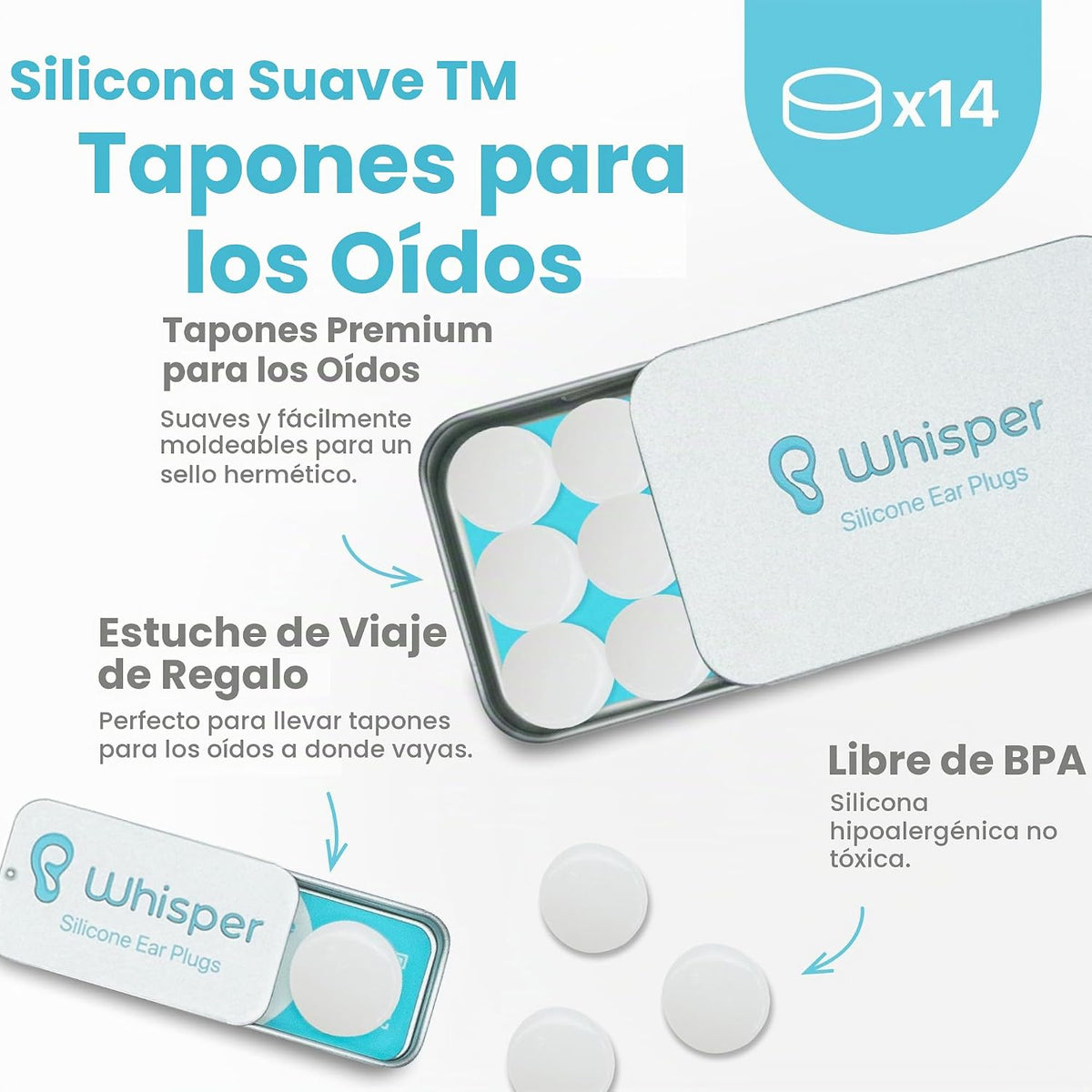 Whisper Tapones para los oídos (14 piezas) | Silicona suave | Tapon...