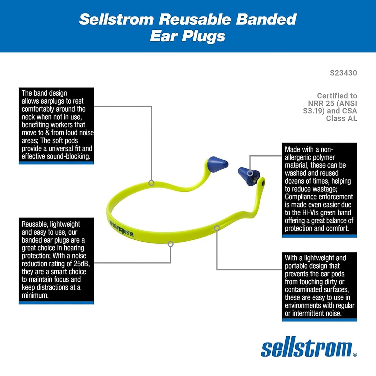 Sellstrom Tapones reutilizables para los oídos con bandas para el t...