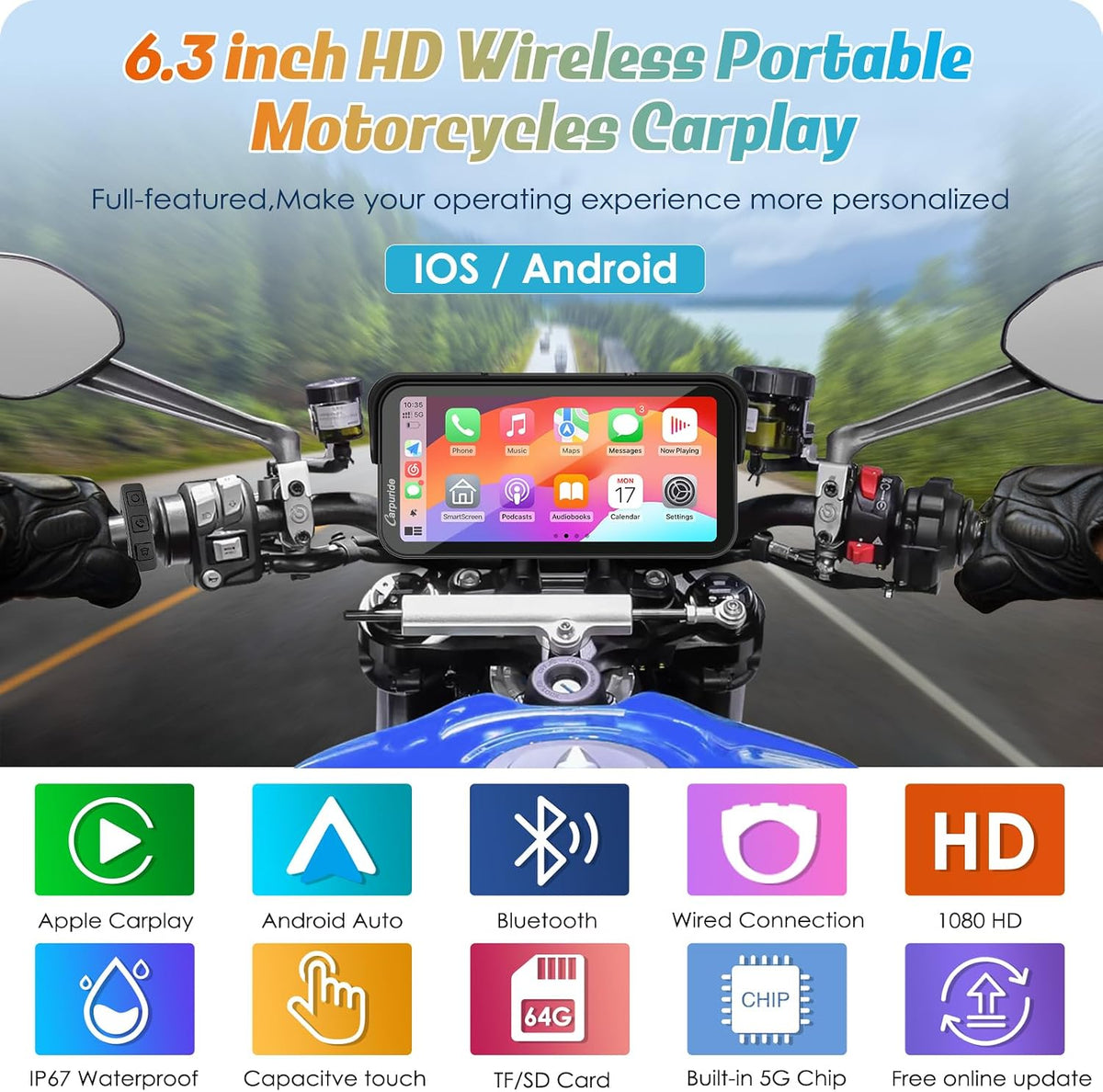 Carpuride W603 6.3" motocicleta inalámbrica CarPlay y Android A...