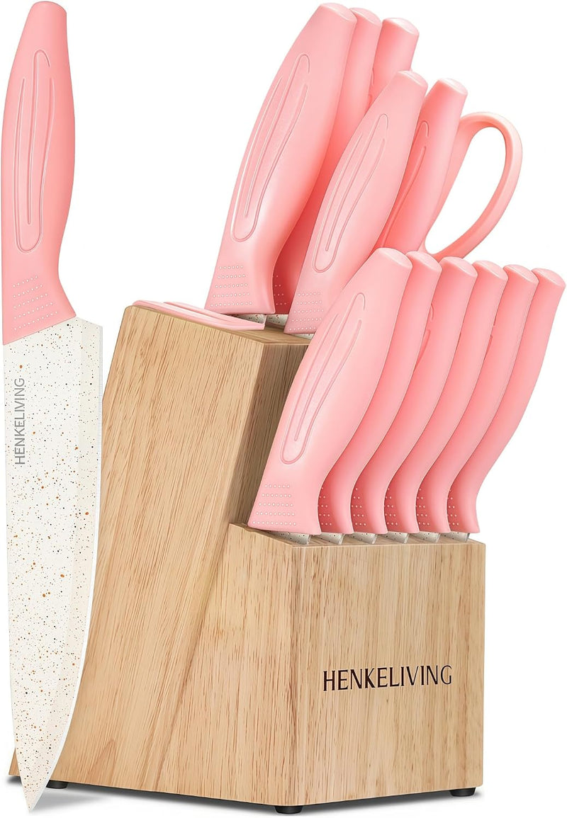 HENKELIVING Juego de cuchillos de 14 piezas, bloque de afilador int...