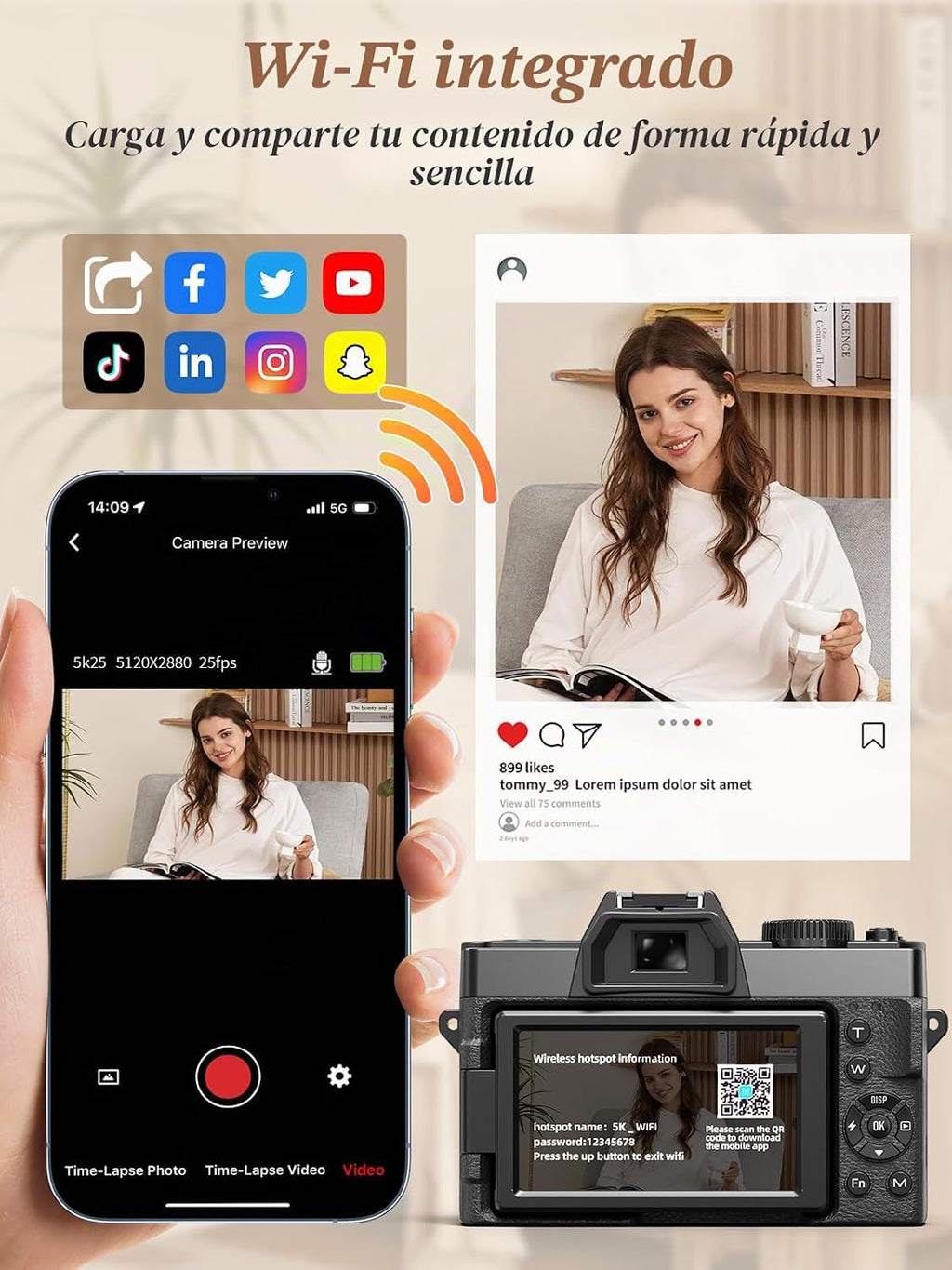 Cámara digital True 5K 64MP para fotografía (negra) | Enfoque autom...