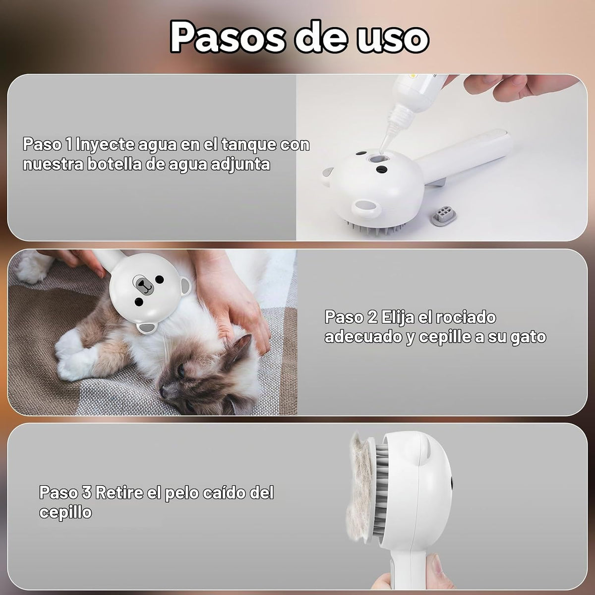 Cepillo de vapor para mascotas autolimpiante para gatos y perros de...