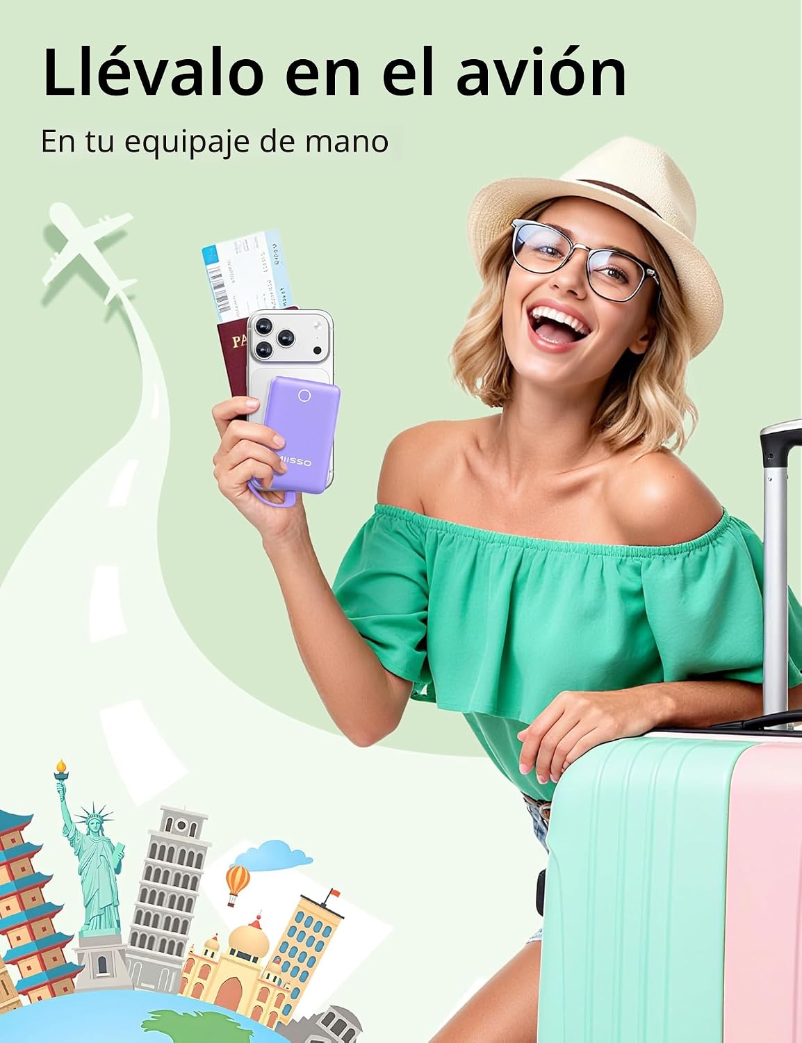 miisso 10000mAh - Cargador portátil con cable integrado, color mora...