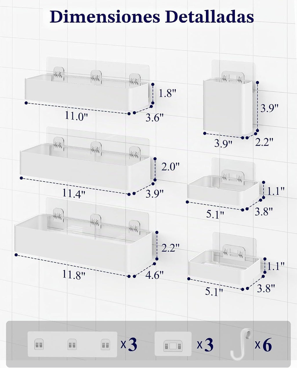 Kitsure Organizador adhesivo para ducha, paquete de 6, estantes de...