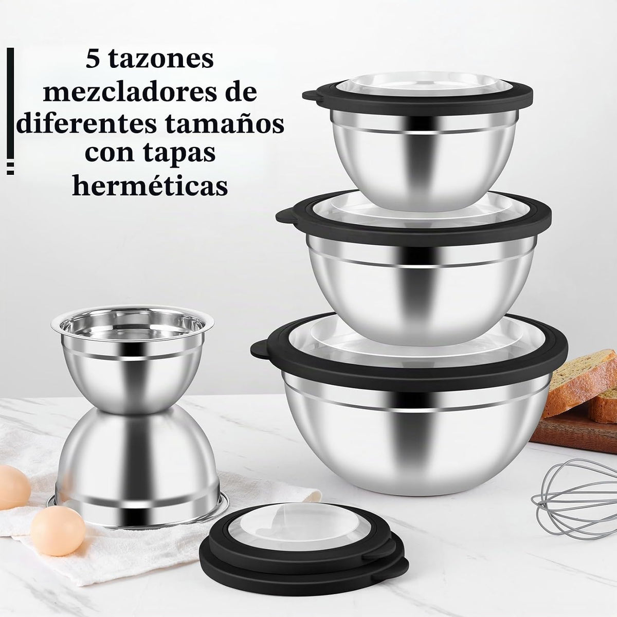 P&amp;P CHEF Juego de 5 tazones para mezclar con tapas herméticas v...