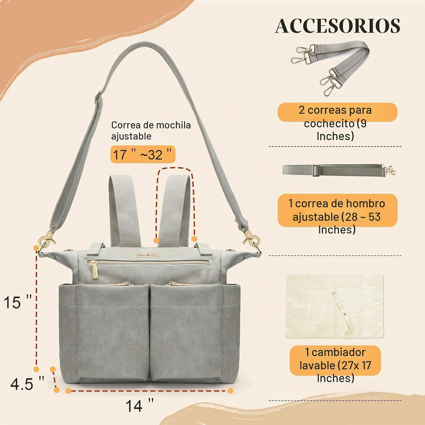 Miss Fong Bolso de cuero para pañales con almohadilla para cambiar,...