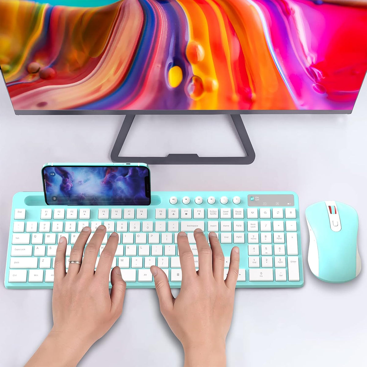 MARVO Wirelss - Combo de teclado y mouse con soporte para teléfono,...