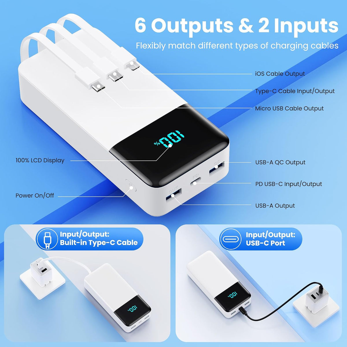 Cargador portátil de 50800 mAh con 3 cables integrados, 25 W PD QC4...