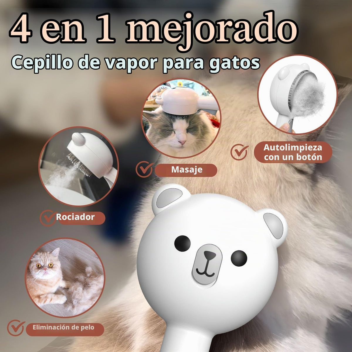 Cepillo de vapor para gatos con 2 niveles de pulverización y botón...