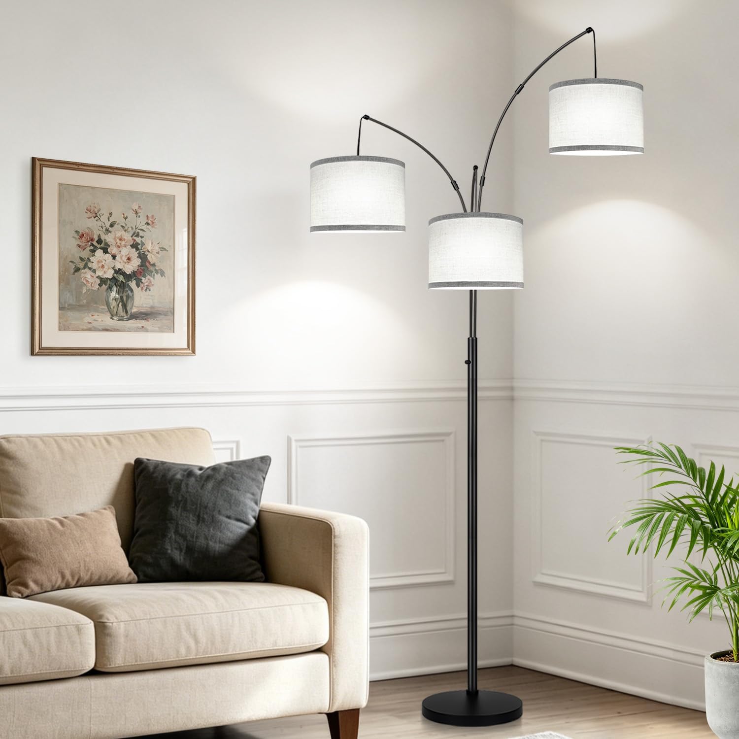 Lámpara de pie regulable, lámpara de pie de arco negro de 3 luces,...