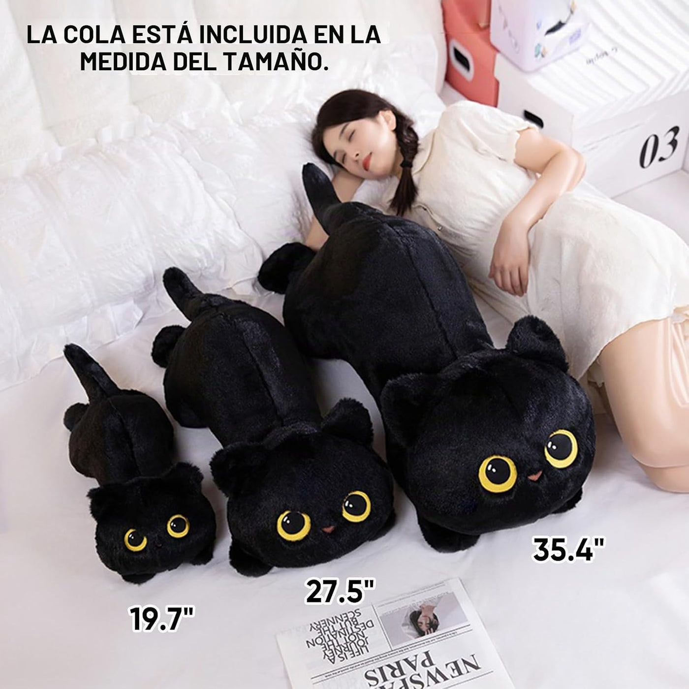 PEACH CAT Almohada de felpa de gato de 35.4 pulgadas de largo, boni...