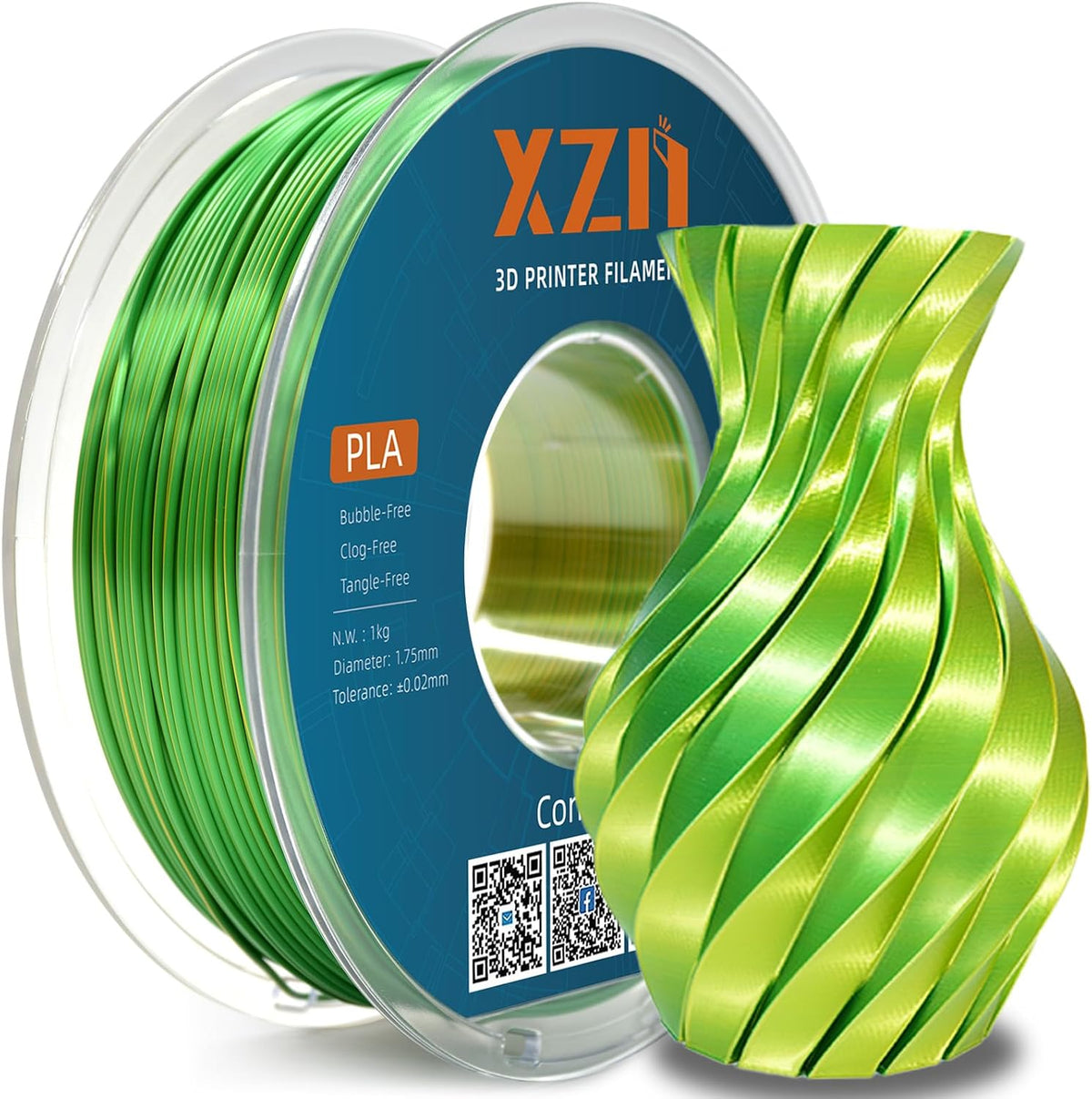 XZN Filamento PLA de Seda 1.75mm de Doble Color Amarillo Verde 1KG,...