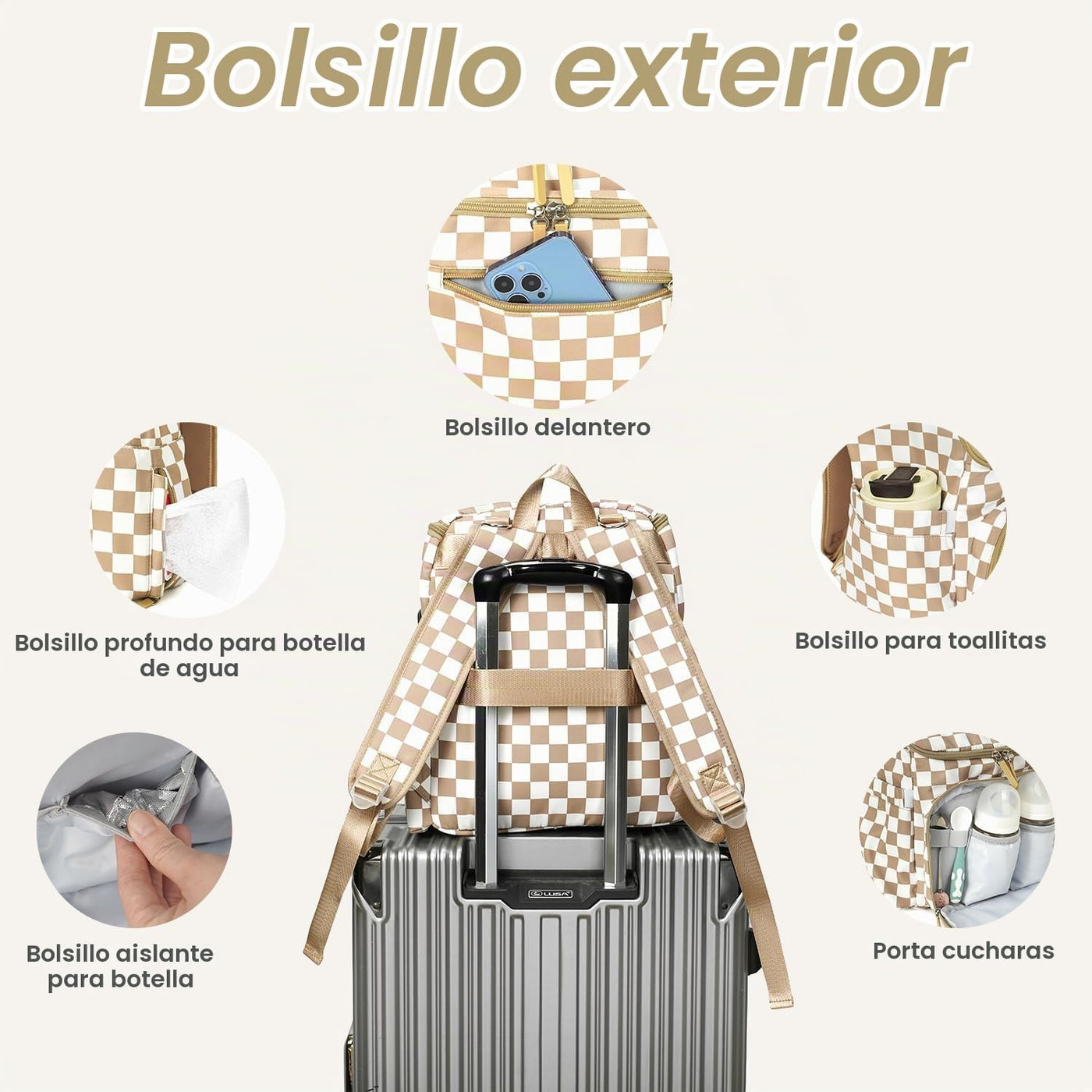 FHELAD Mochila de pañales a cuadros con cambiador y clips para coch...