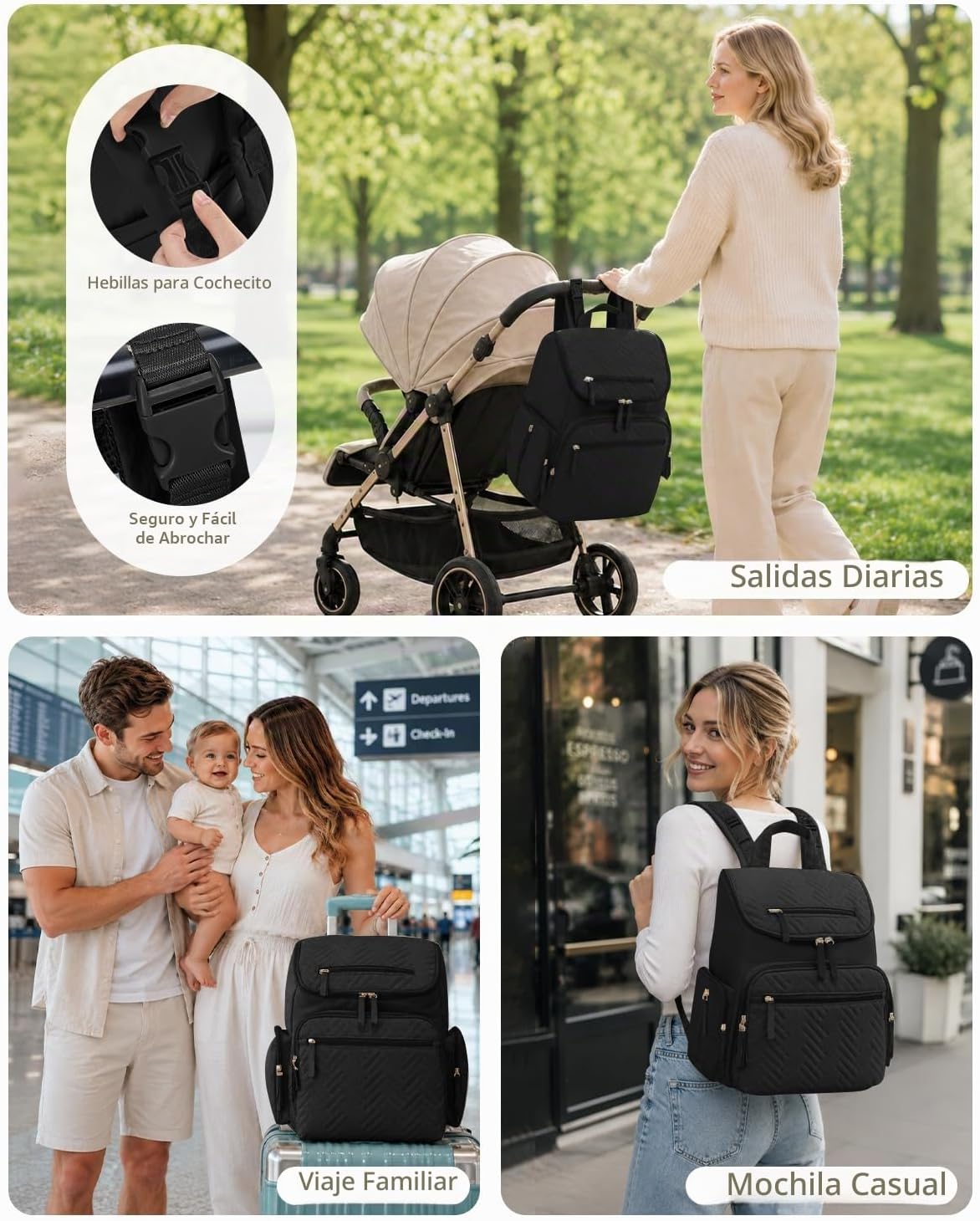 KABAQOO Mochila para pañales con cambiador y bolsillos aislados, Ne...