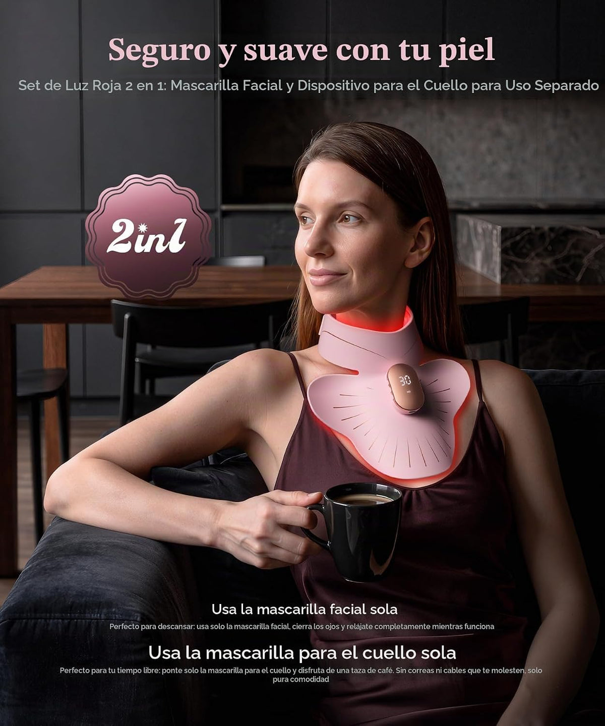 Máscara de terapia de luz roja para cara y cuello, NIR de 850 nm y...