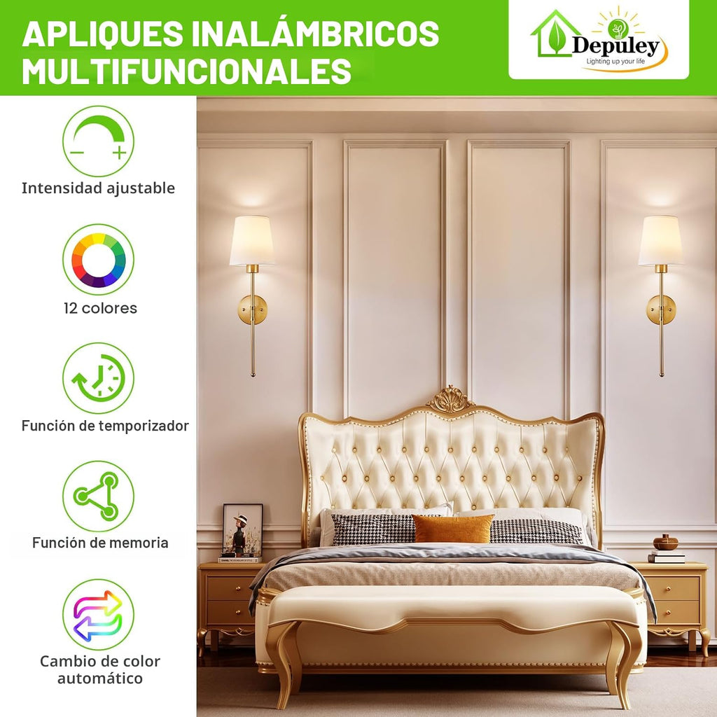 Depuley Aplique de pared a pilas: juego de 2 luces de pared inalámb...