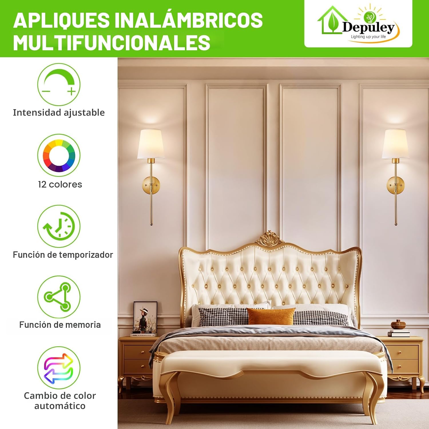 Depuley Aplique de pared a pilas: juego de 2 luces de pared inalámb...