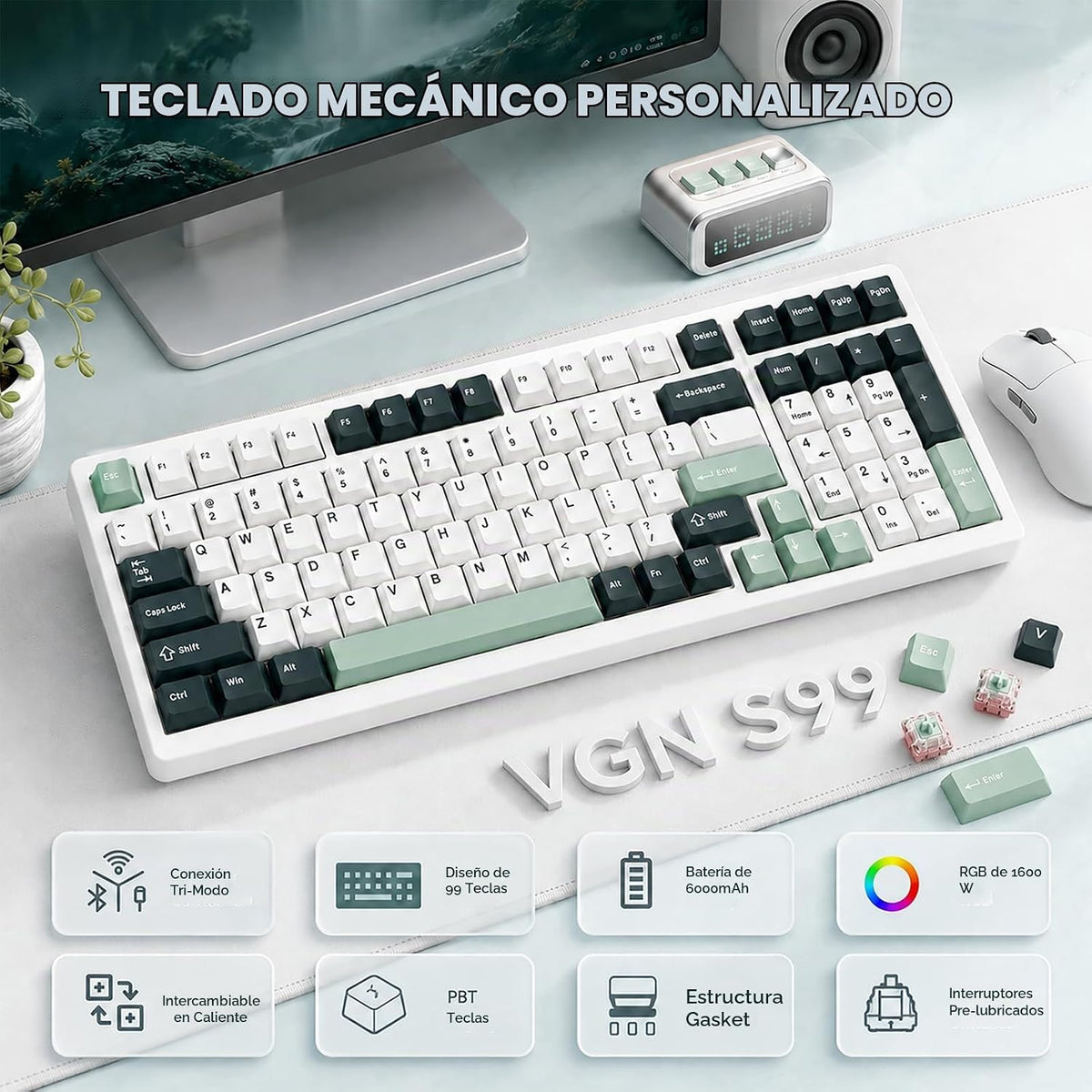 VGN Teclado inalámbrico 95% S99, teclado para juegos de tres modos...