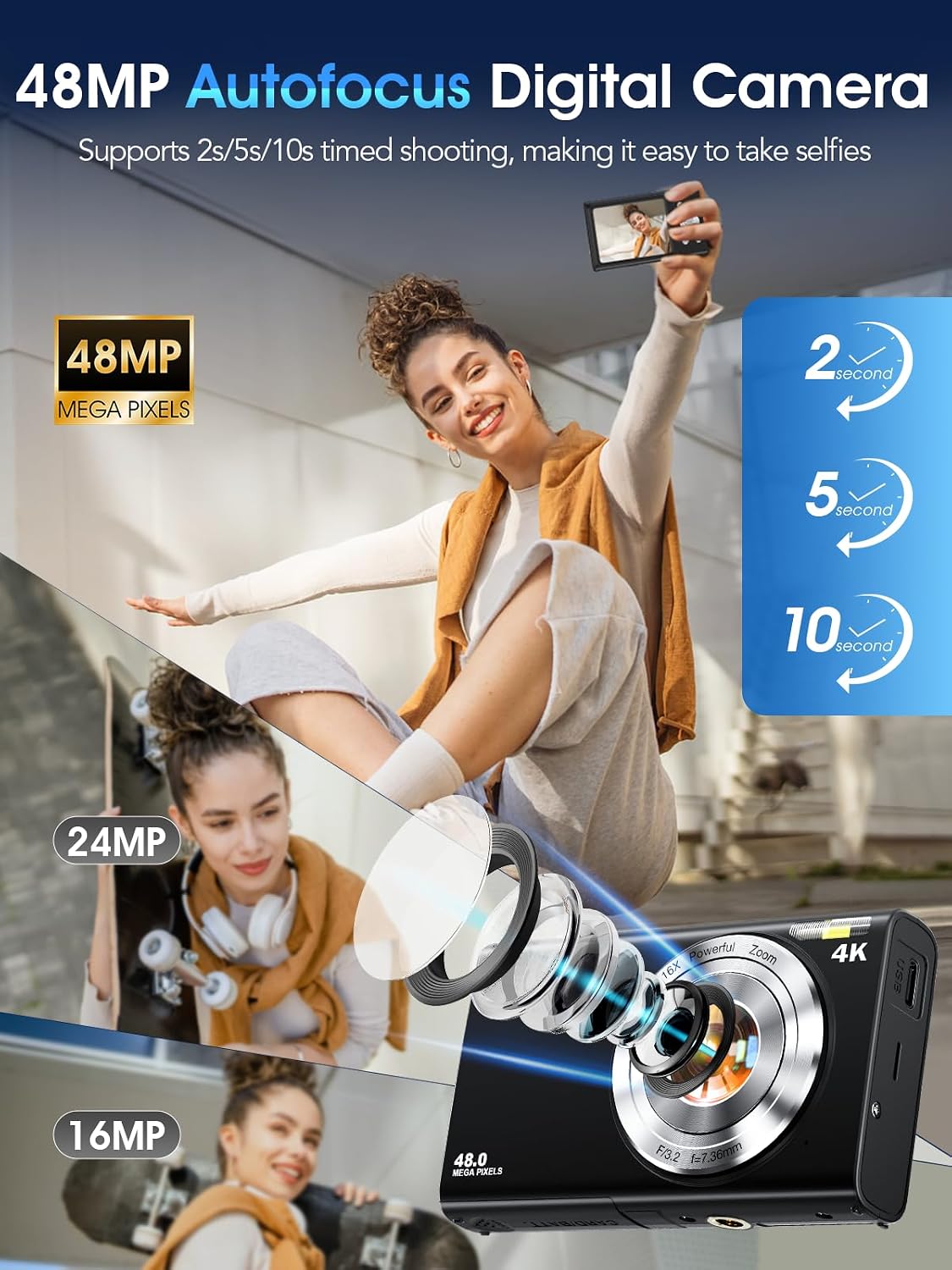 Cámara digital, cámara de videoblogs 4K con enfoque automático para...