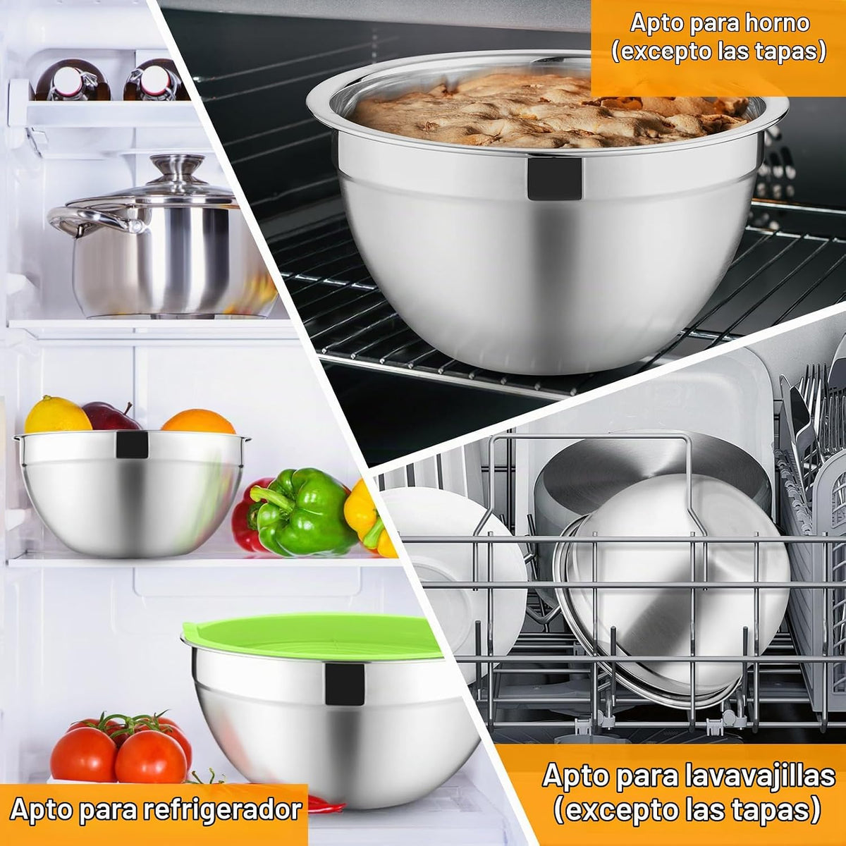 P&amp;P CHEF Juego de 6 tazones para mezclar con tapas, de acero in...