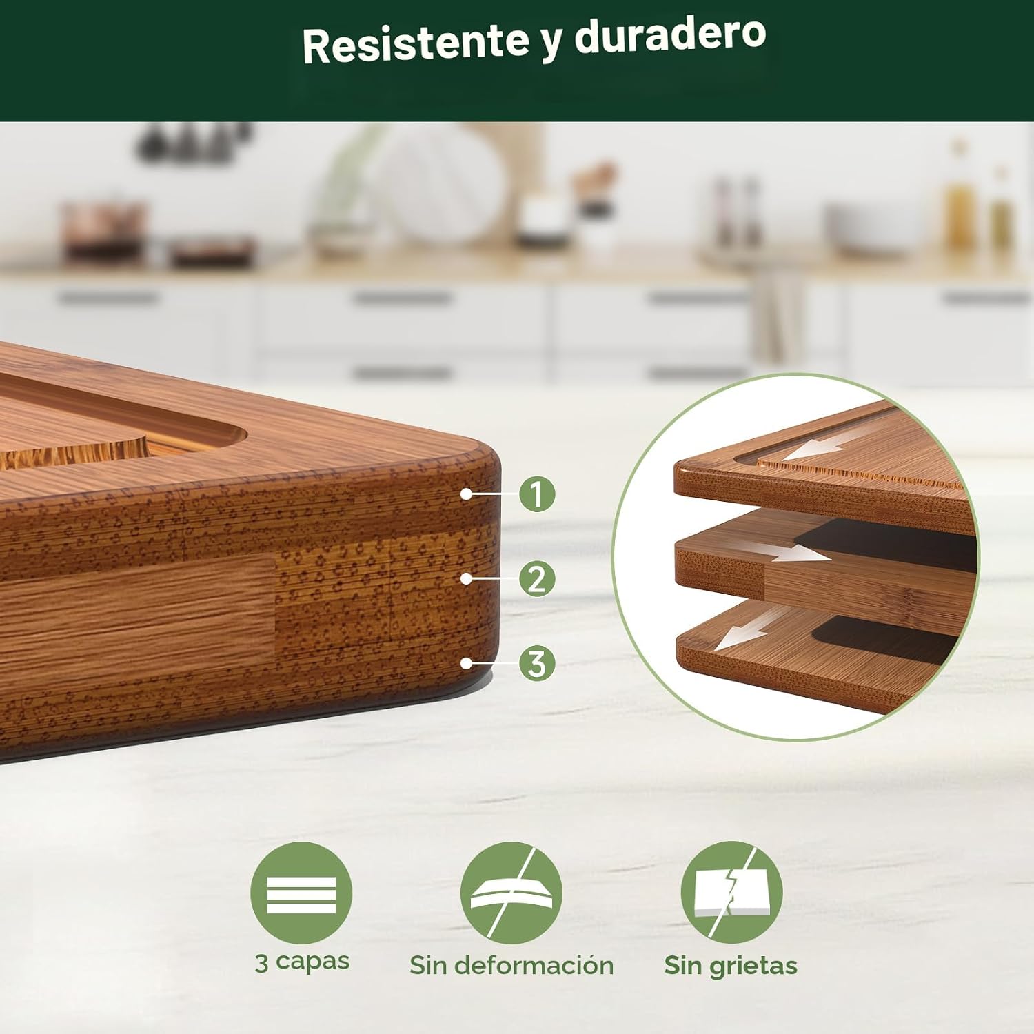 Juego de 3 tablas de cortar de bambú carbonizado profundo para coci...