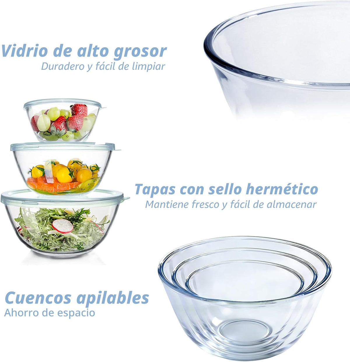 WhiteRhino Tazones de vidrio para mezclar de vidrio con tapas (4.5...