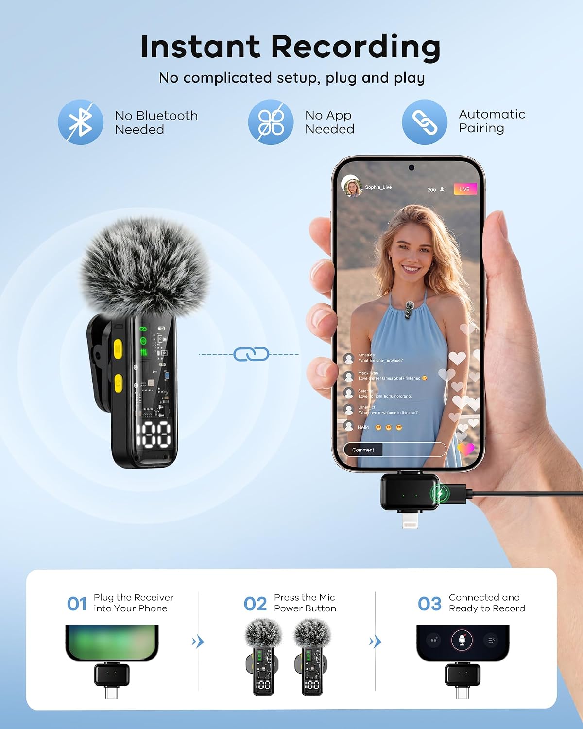 Gicorino Paquete de 2 micrófonos Lavalier inalámbricos para iPhone,...