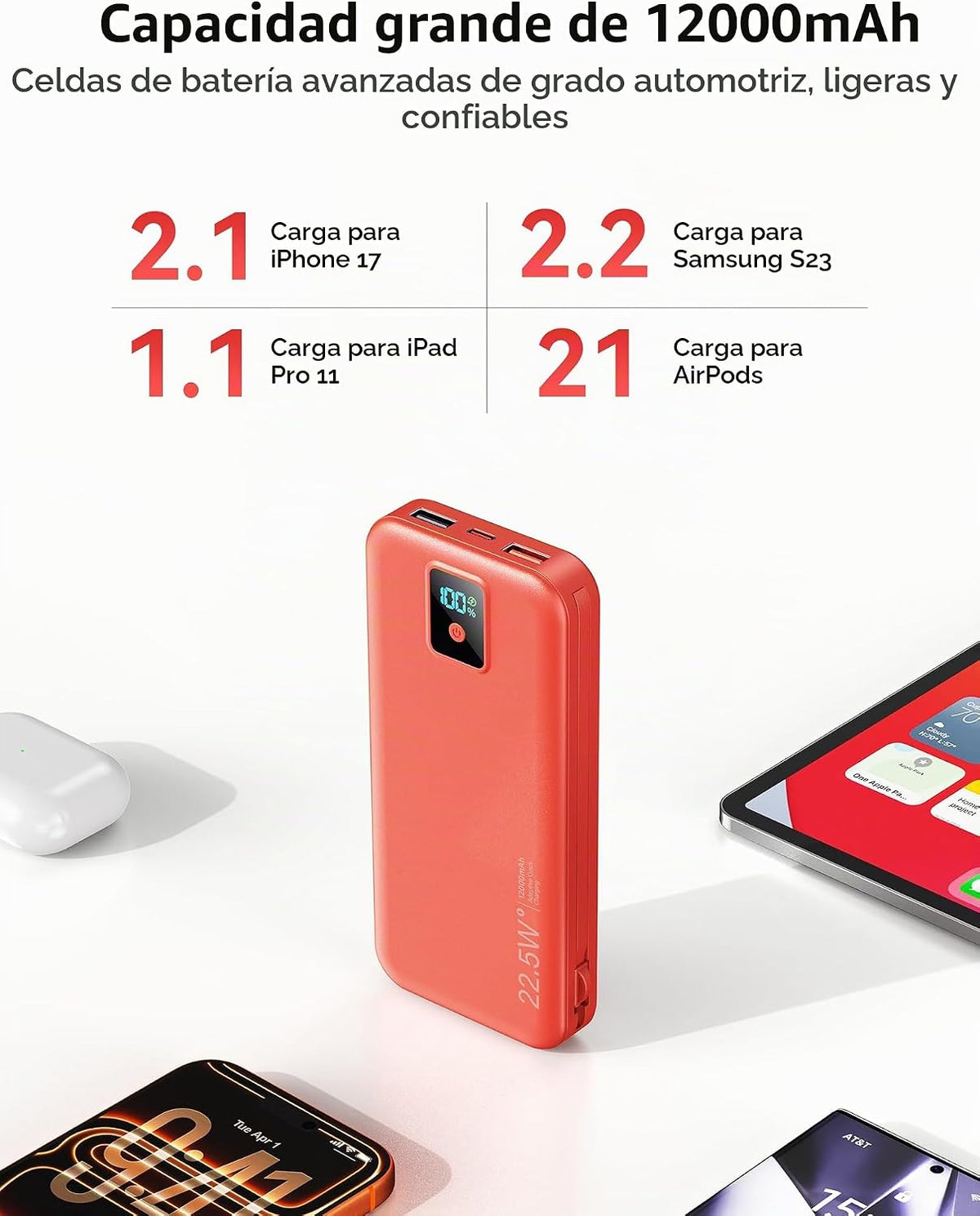 Rngsnoy Cargador portátil 12000mAh 22.5W w\/Cable incorporado y enc...