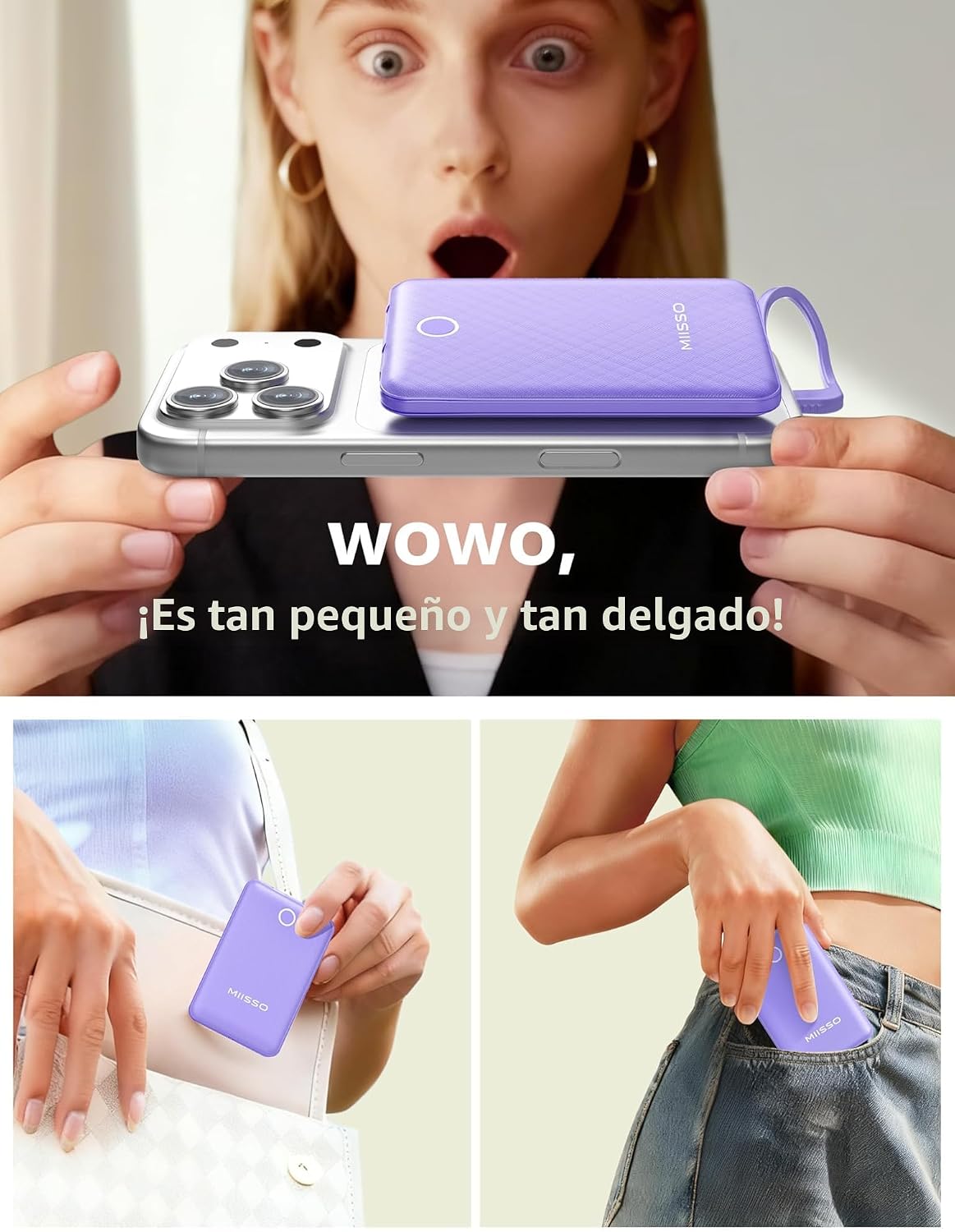 miisso 10000mAh - Cargador portátil con cable integrado, color mora...