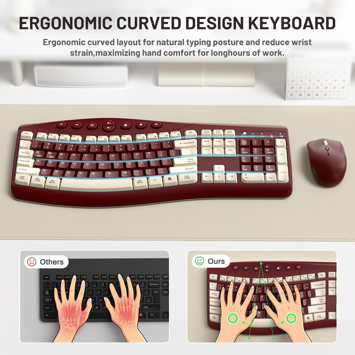 Teclado inalámbrico y ratón Combo silencioso ergonómico diseño curv...
