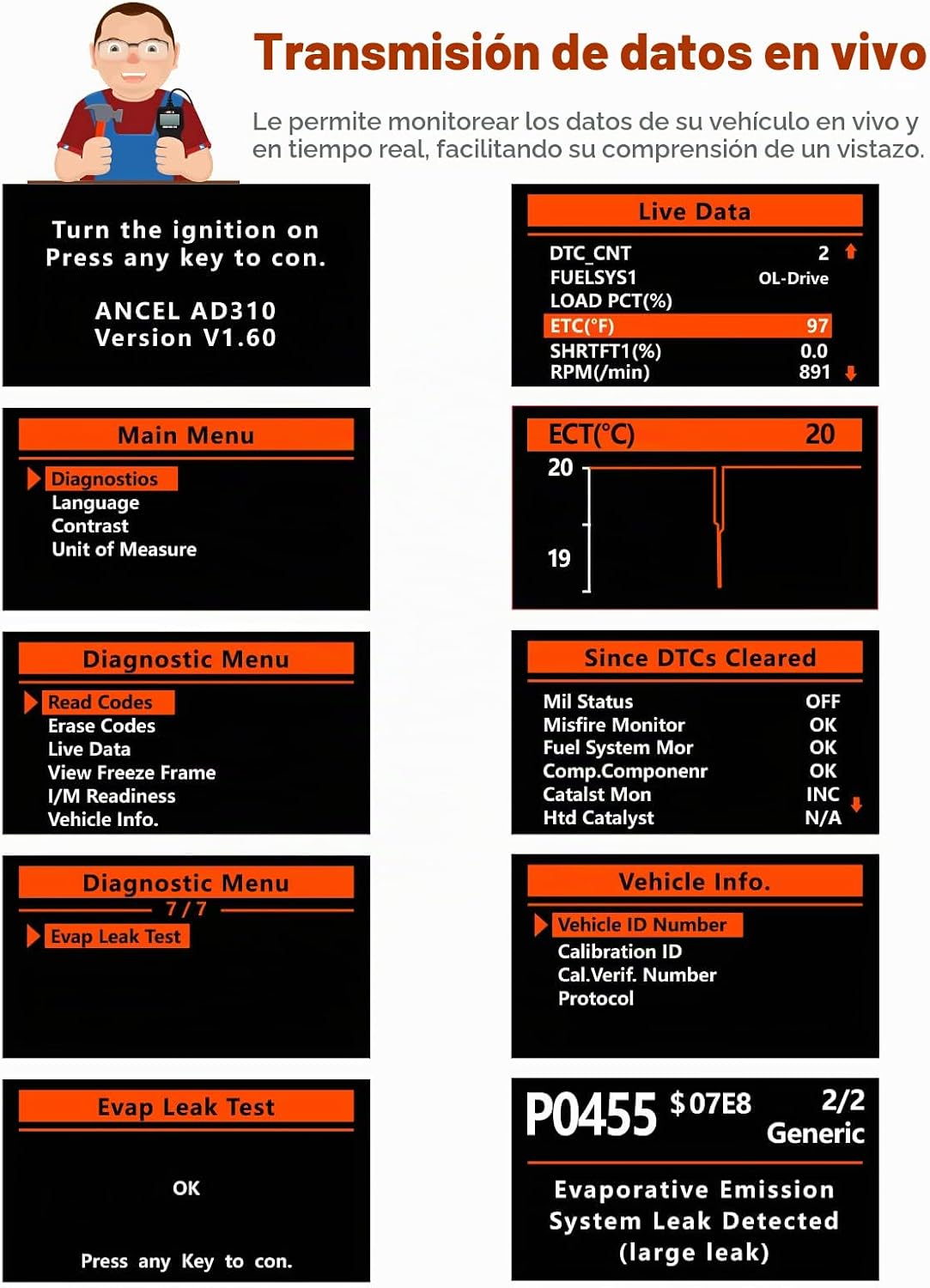 ANCEL AD310 Escáner universal clásico mejorado OBD II, Lector de có...