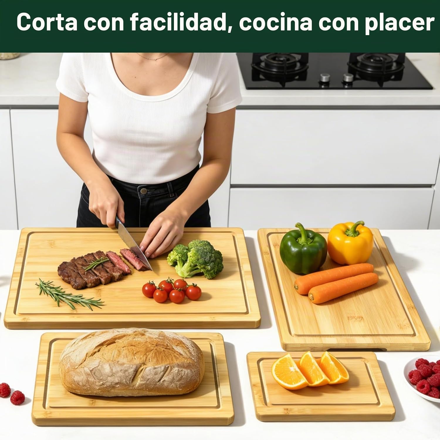 Zeawec Juego de 4 tablas de cortar de bambú para cocina, tablas de...