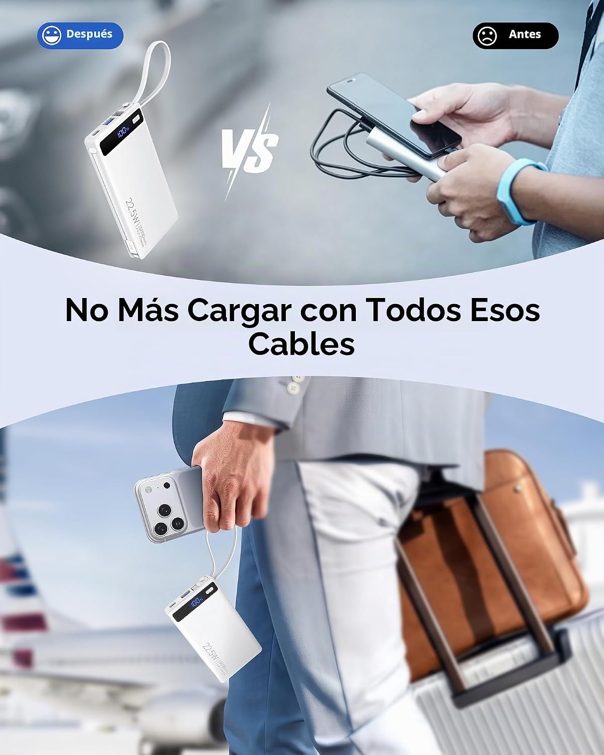 Cargador portátil delgado rápido de 22.5 W, banco de energía con 2...