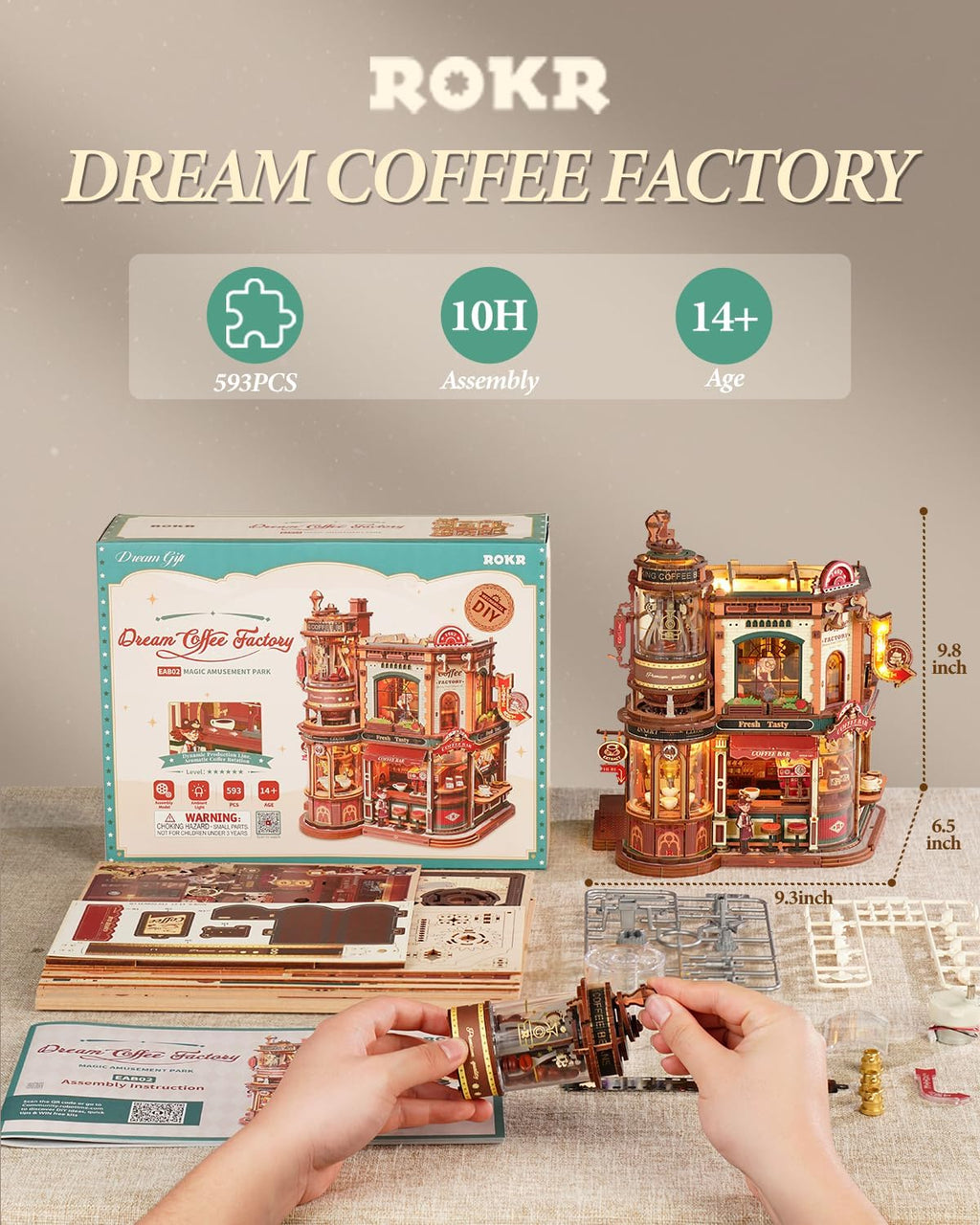 ROKR Moving Dream Coffee Factory DIY Kit de casa en miniatura – Rom...