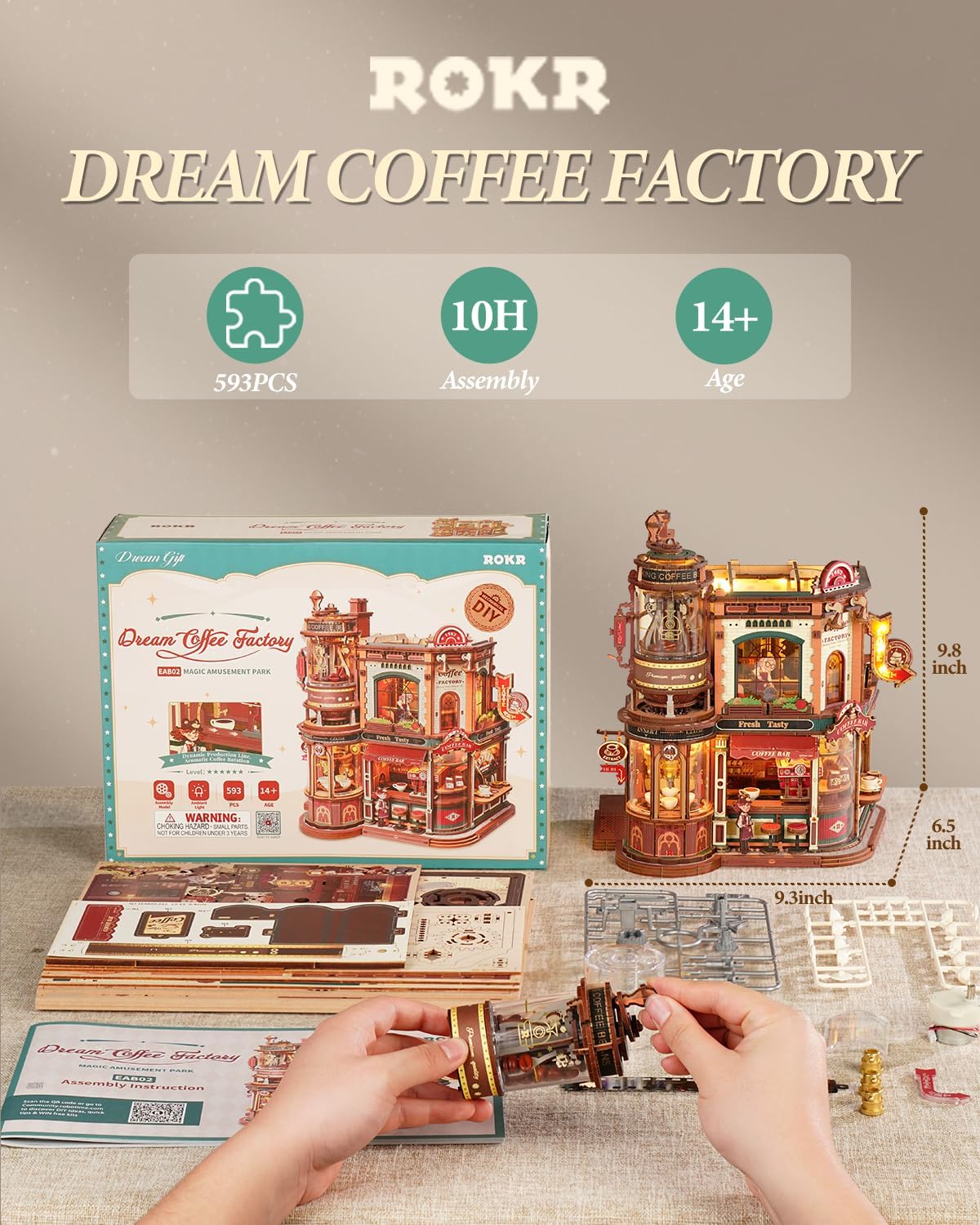 ROKR Moving Dream Coffee Factory DIY Kit de casa en miniatura – Rom...