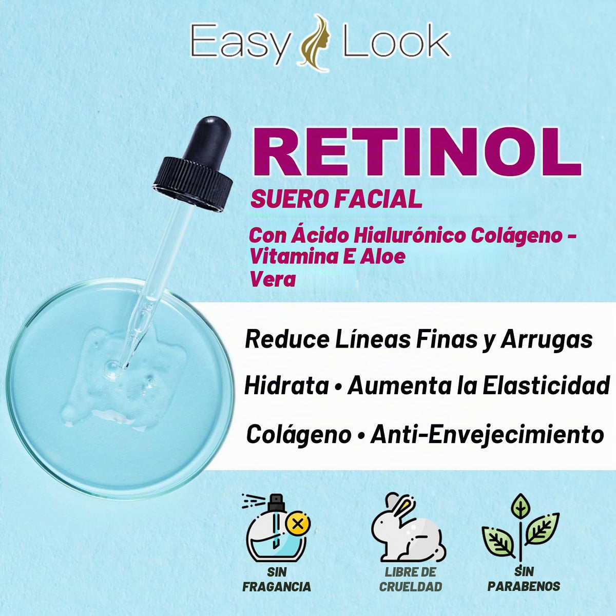 Suero de retinol para la cara con ácido hialurónico hidratante, col...