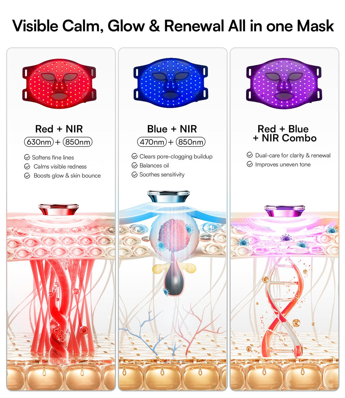 Máscara de terapia de luz roja INIA para rostro, NIR de 850 nm, luz...
