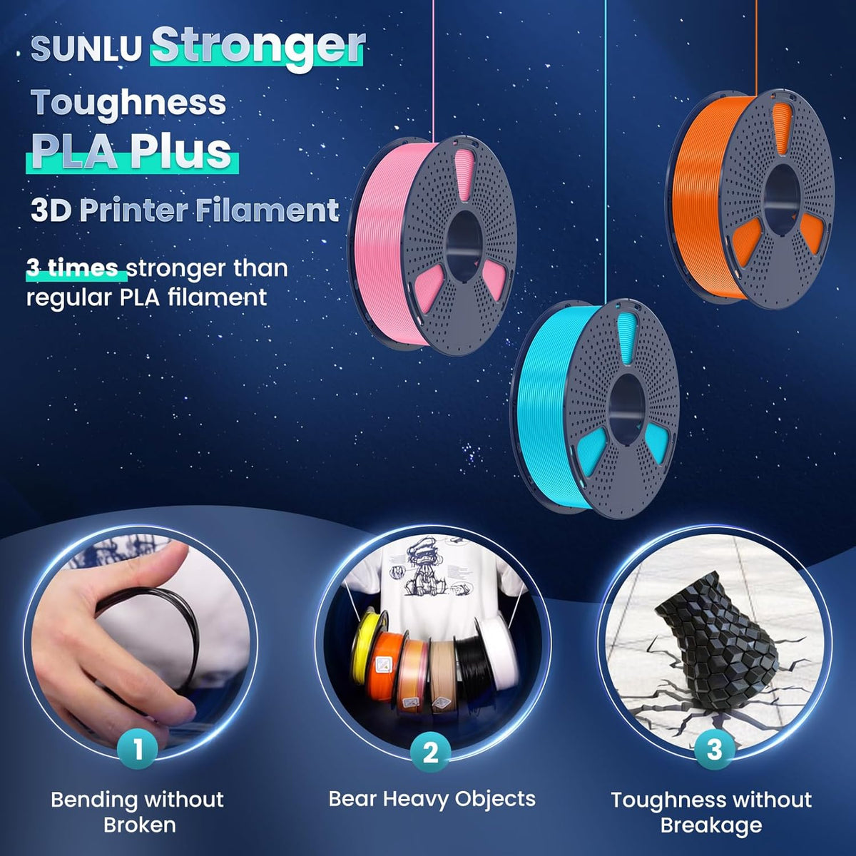 SUNLU PLA Plus - Filamento para impresora 3D, 0.069 pulgadas, 10 co...