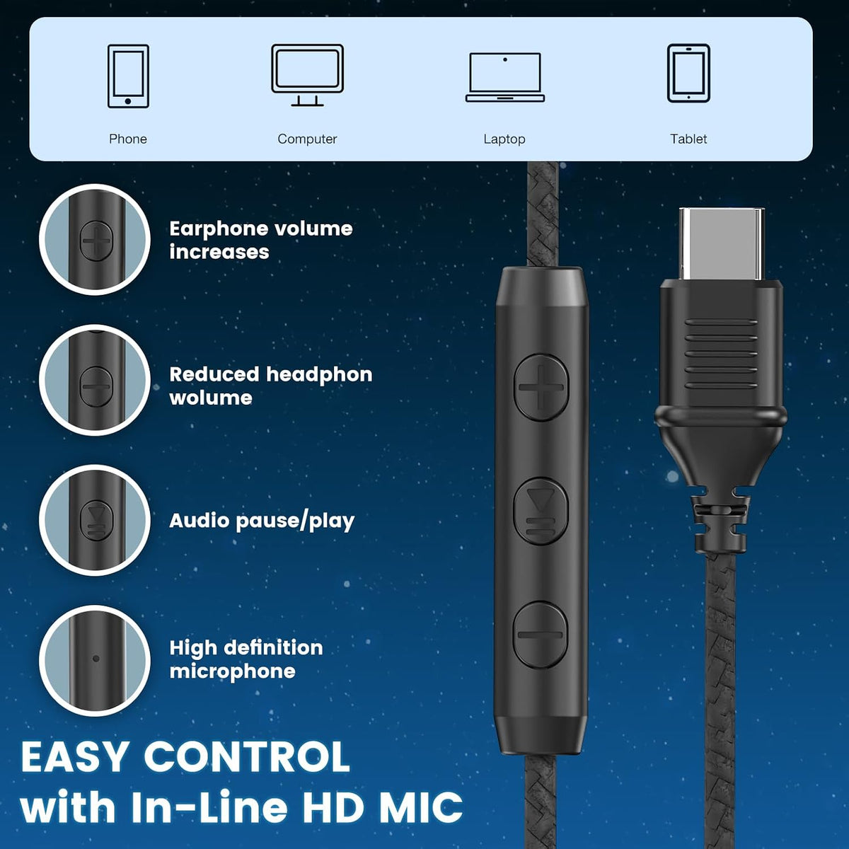 Cowyawn Auriculares USB C con cable, auriculares USB C con cable co...