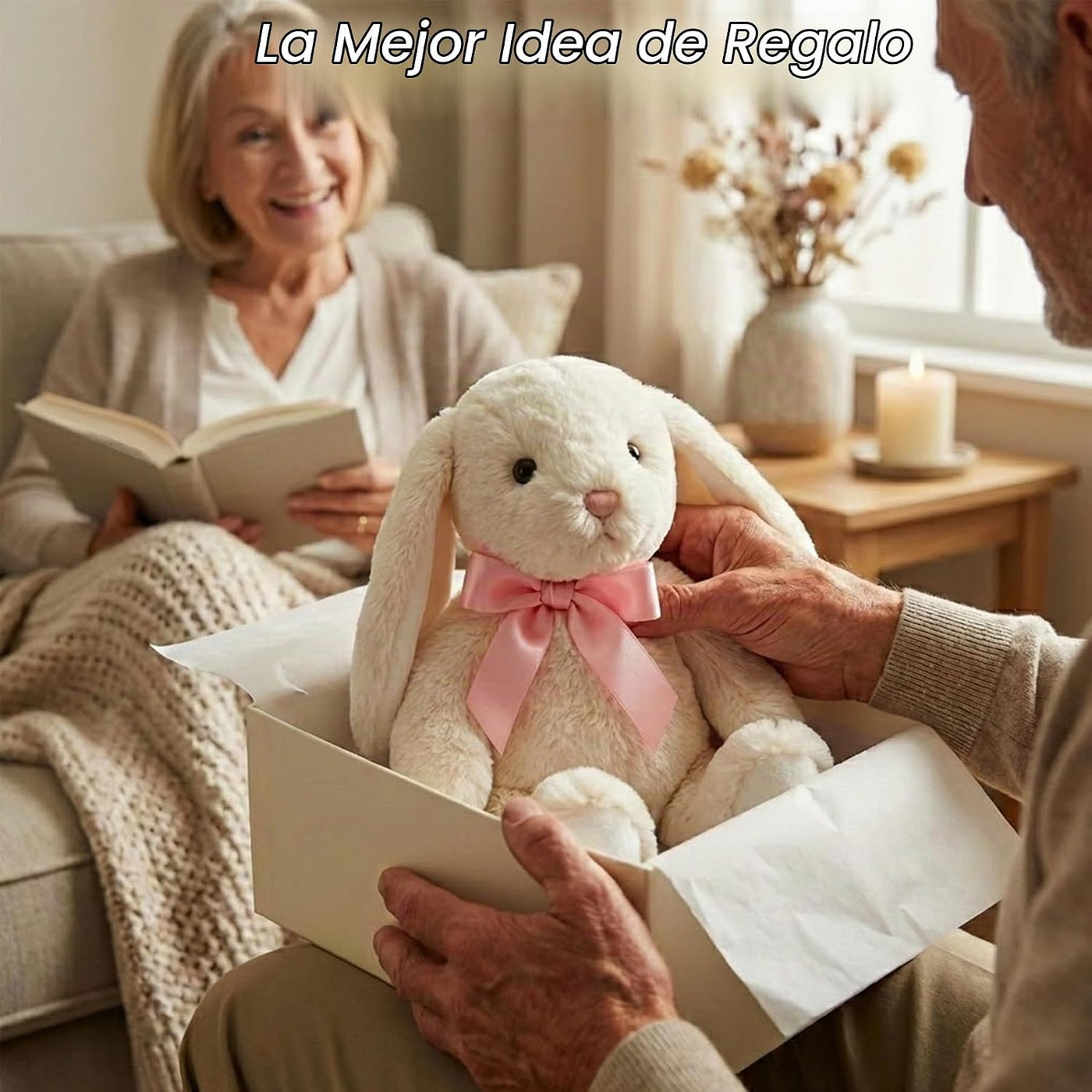 okegztoa Peluche de conejo color crema con lazo de cinta rosa y ore...