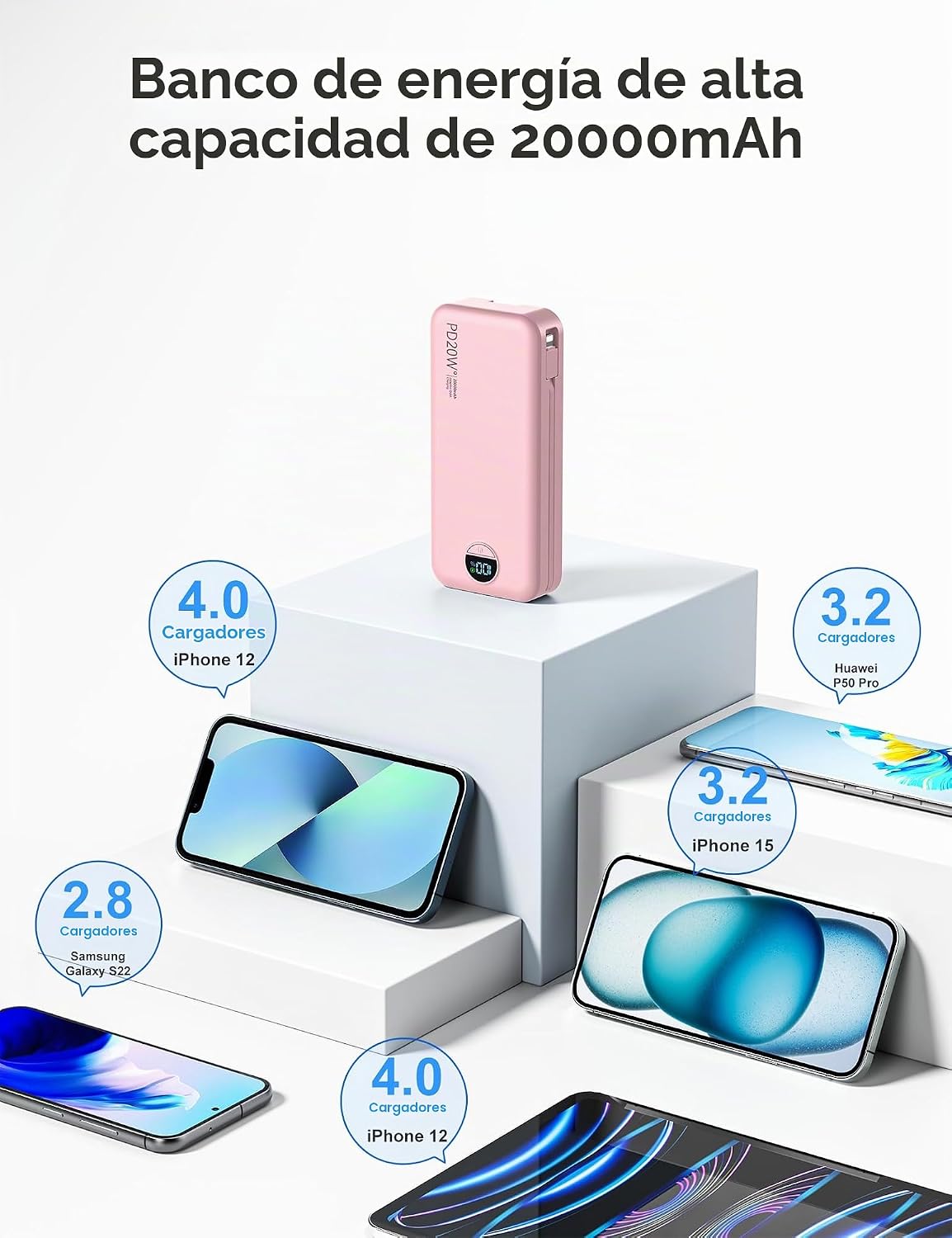 Cargador portátil Power Bank 20000mAh con cables integrados y enchu...