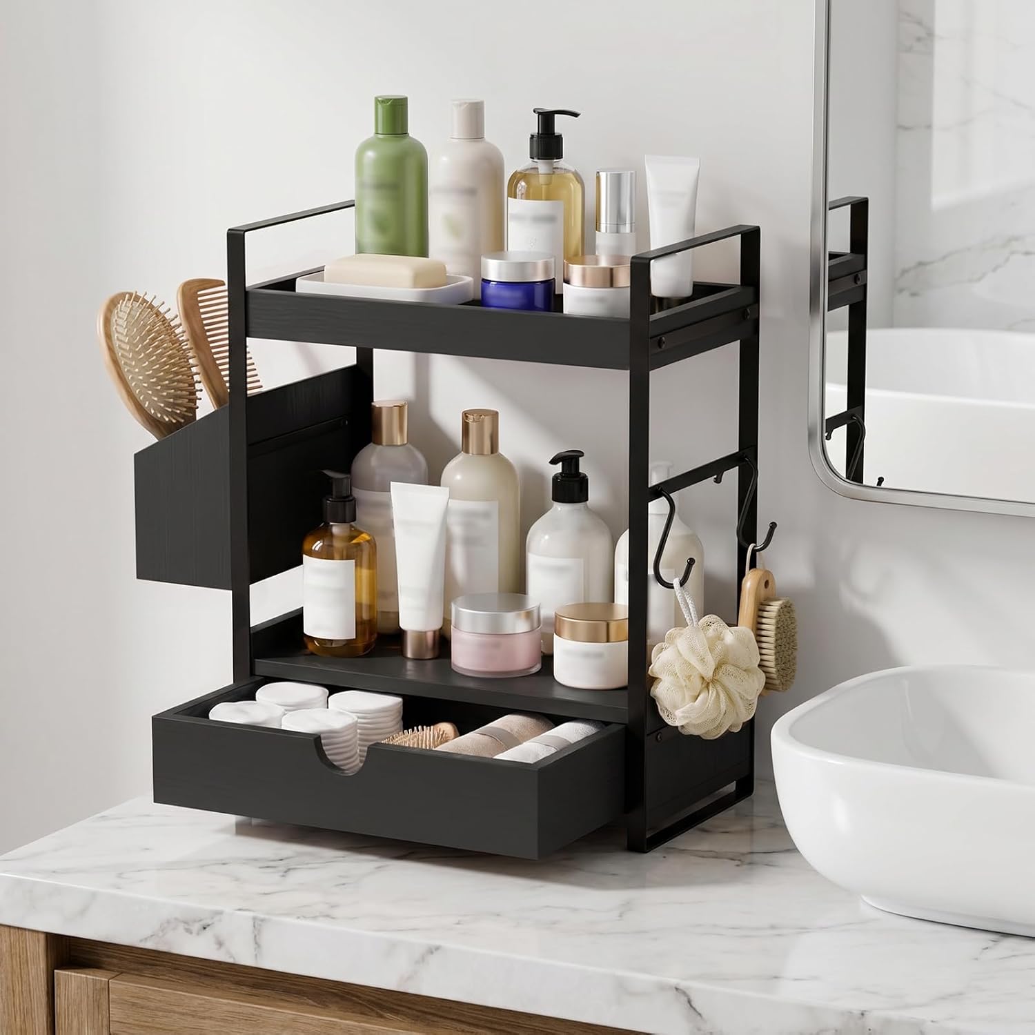 Kottwca Organizador de mostrador de baño de 2 niveles con cajón, ce...